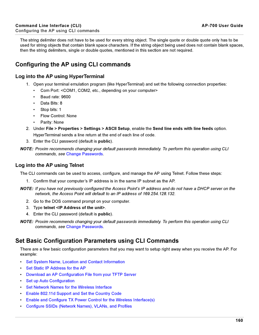 Proxim AP-700 manual Configuring the AP using CLI commands, Set Basic Configuration Parameters using CLI Commands 