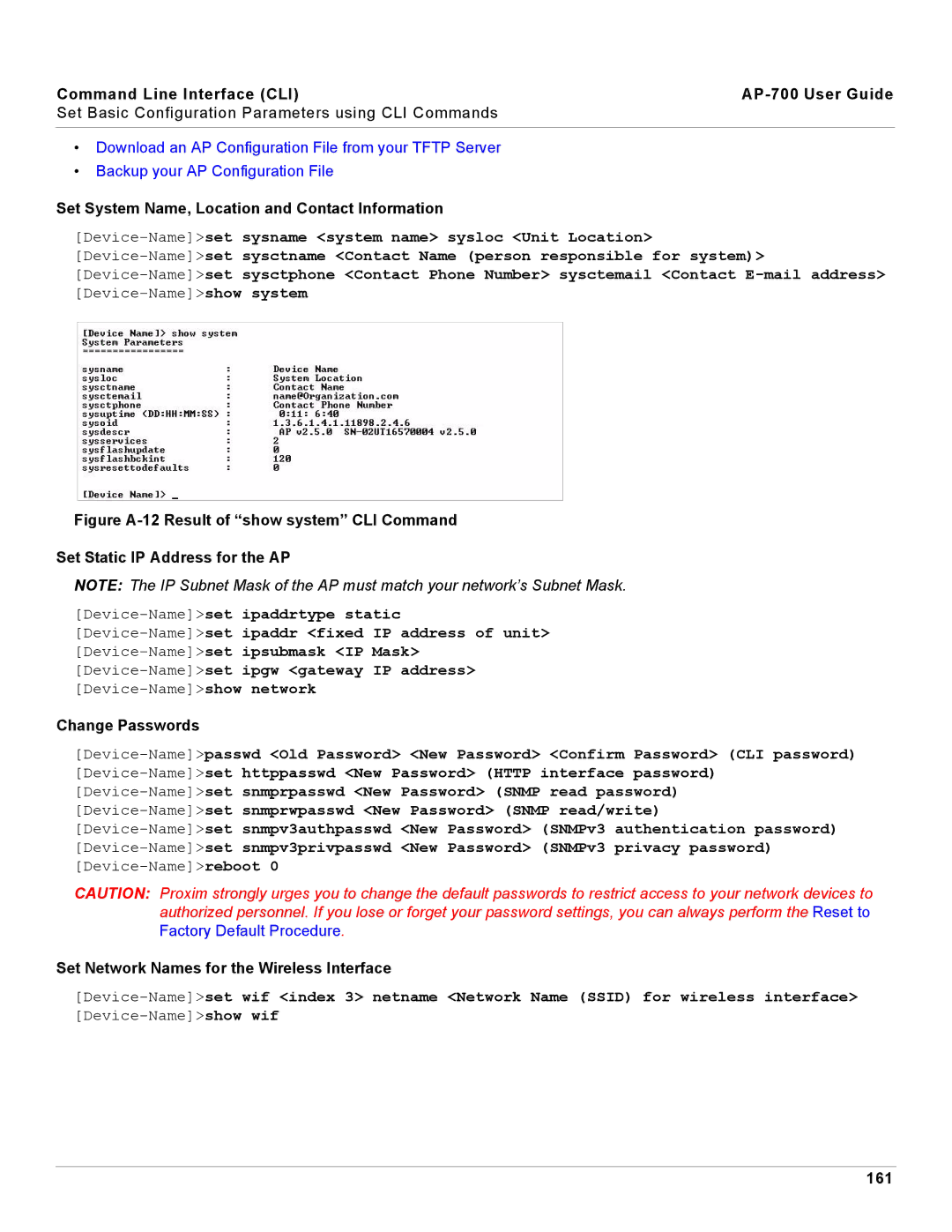 Proxim AP-700 manual Set System Name, Location and Contact Information, Change Passwords, 161 