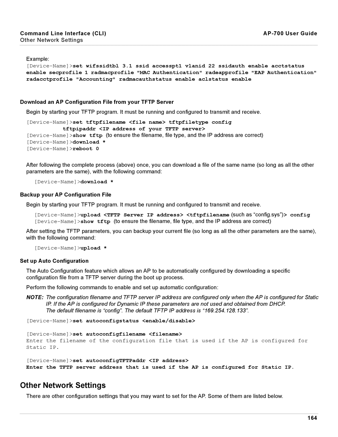 Proxim AP-700 Other Network Settings, Download an AP Configuration File from your Tftp Server, Set up Auto Configuration 