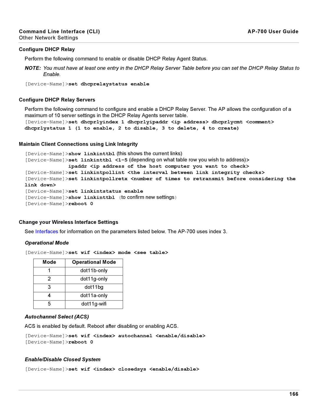 Proxim AP-700 manual Operational Mode, Autochannel Select ACS, Enable/Disable Closed System 