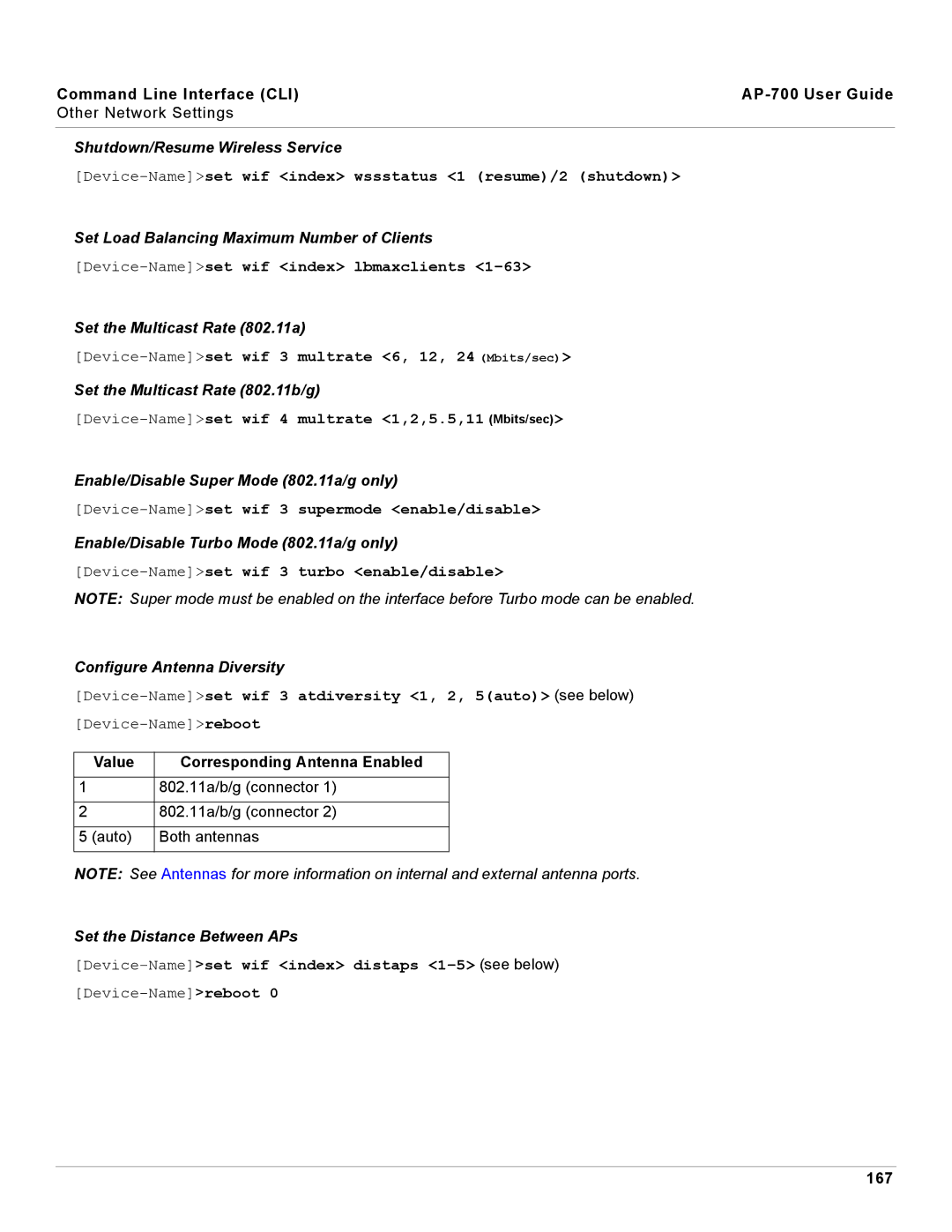 Proxim AP-700 Shutdown/Resume Wireless Service, Set Load Balancing Maximum Number of Clients, Configure Antenna Diversity 