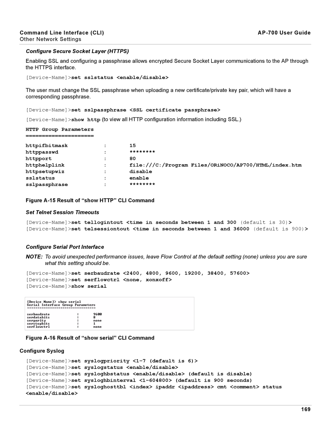 Proxim AP-700 manual Configure Secure Socket Layer Https, Set Telnet Session Timeouts, Configure Serial Port Interface, 169 