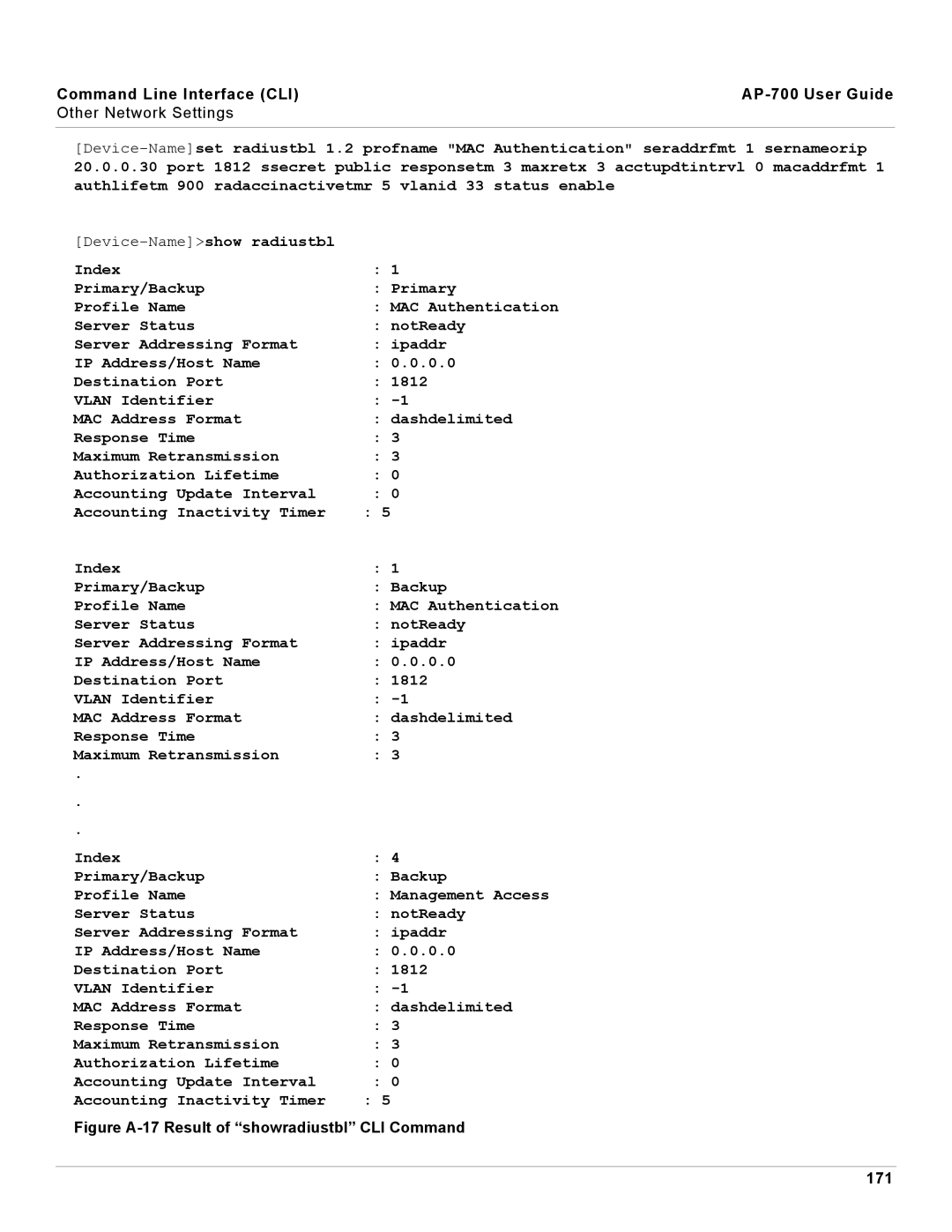 Proxim AP-700 manual Figure A-17 Result of showradiustbl CLI Command 171 