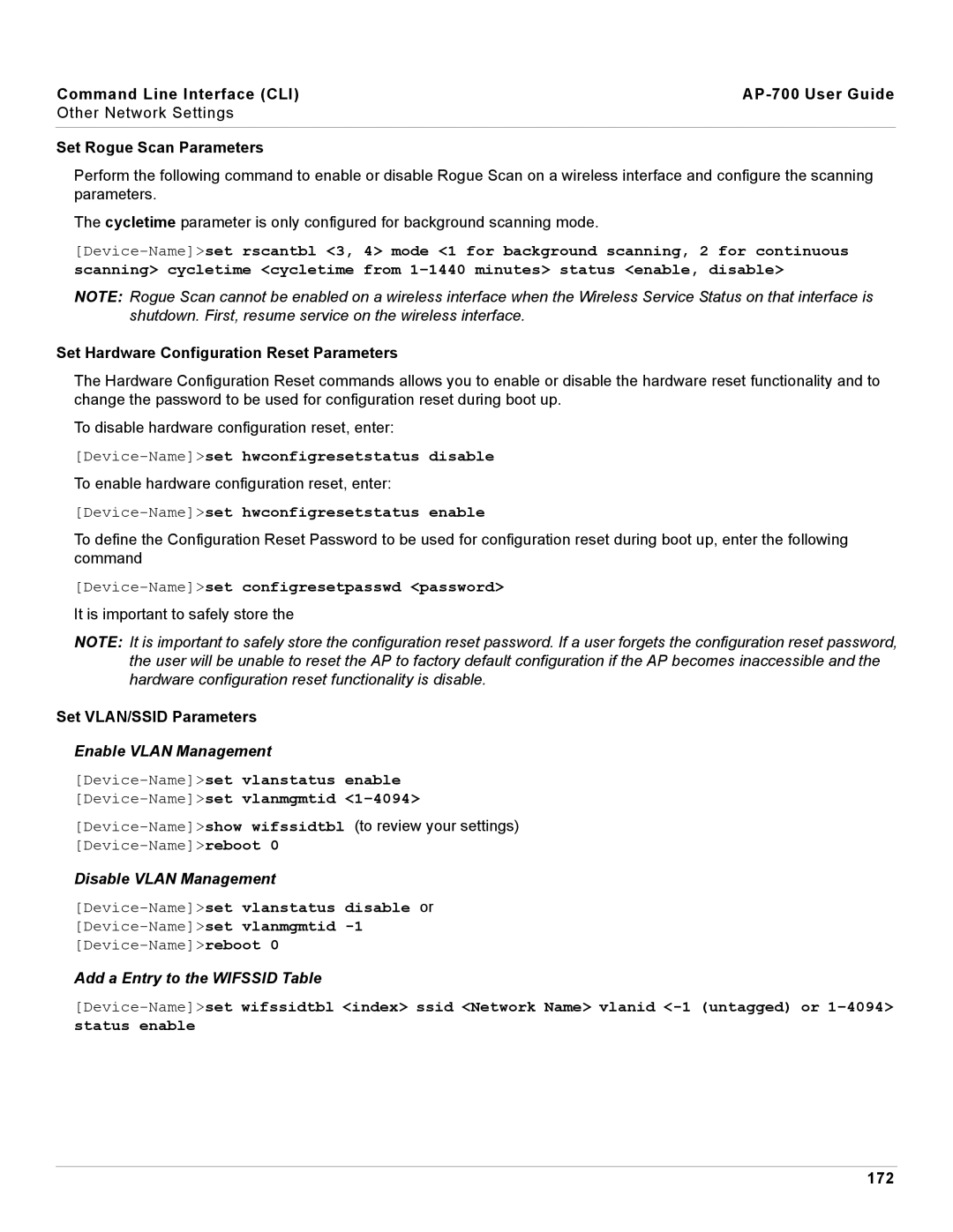 Proxim AP-700 manual Enable Vlan Management, Disable Vlan Management, Add a Entry to the Wifssid Table 