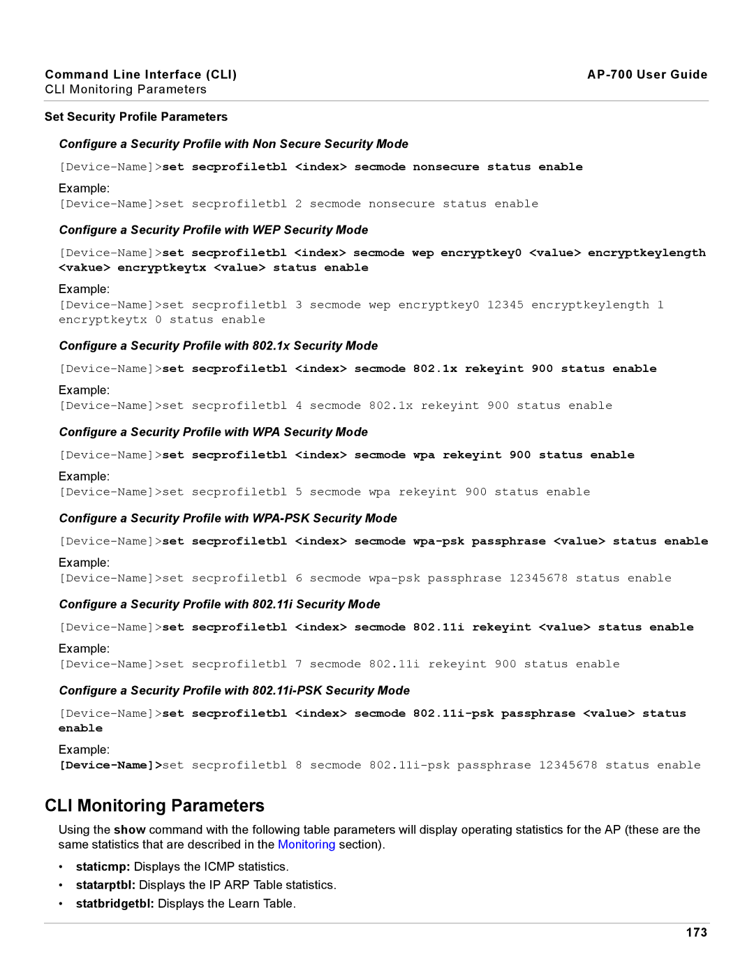 Proxim AP-700 manual CLI Monitoring Parameters 