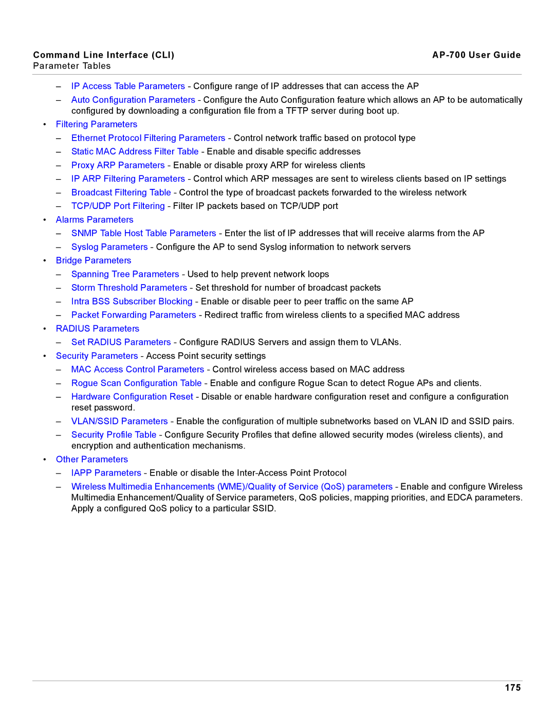 Proxim AP-700 manual Filtering Parameters, 175 