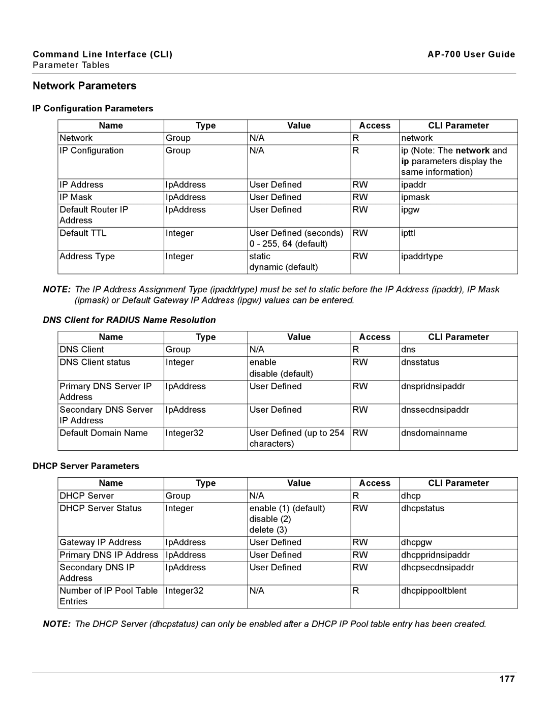 Proxim AP-700 manual Network Parameters, DNS Client for Radius Name Resolution, 177 