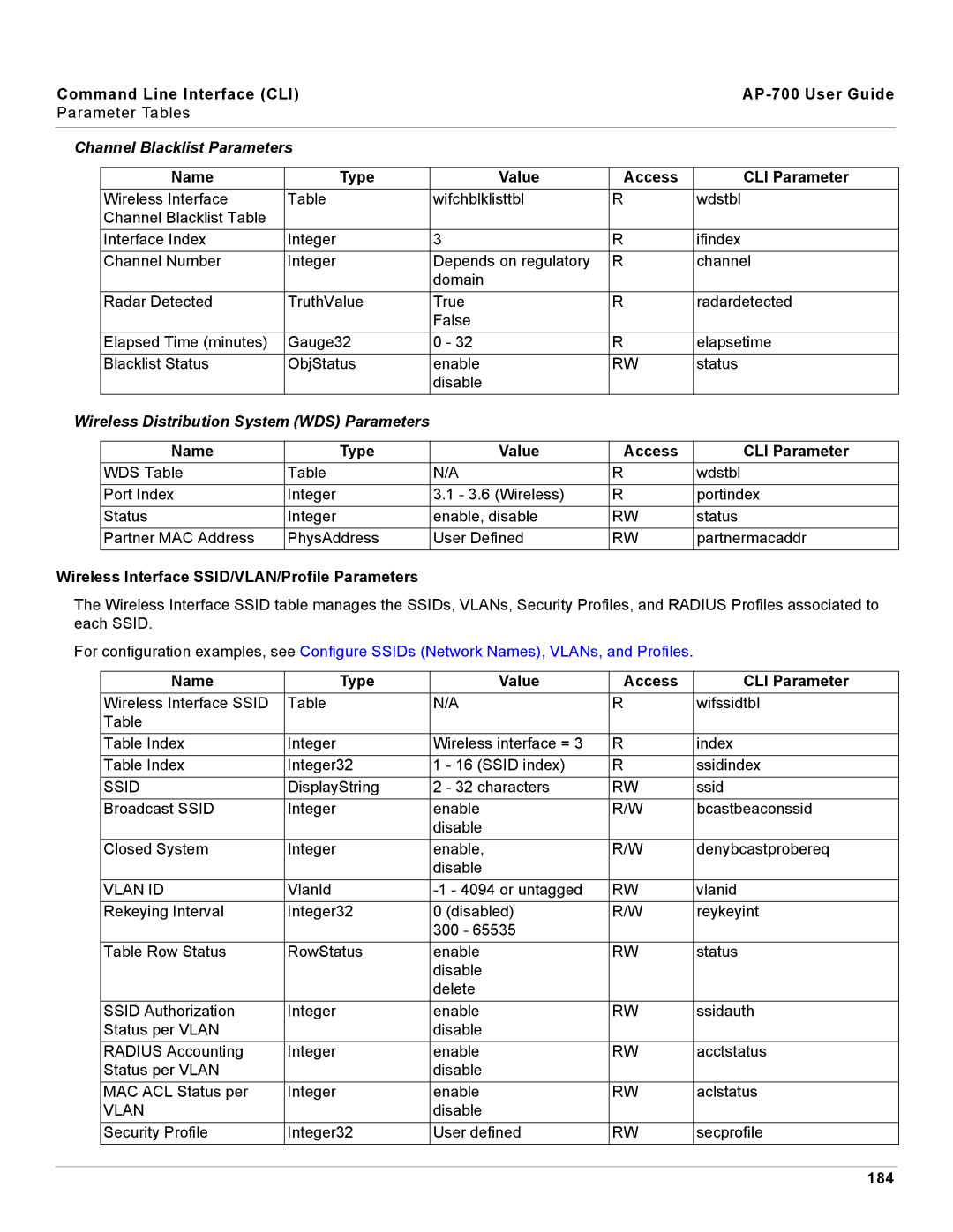 Proxim AP-700 manual Channel Blacklist Parameters, Wireless Distribution System WDS Parameters, 184 