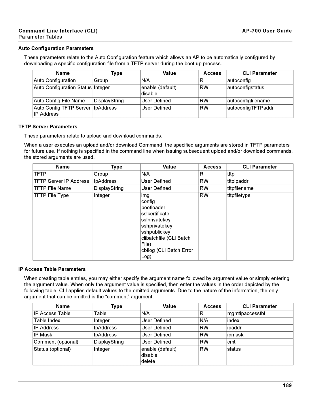 Proxim AP-700 manual Tftp Server Parameters, IP Access Table Parameters, 189 