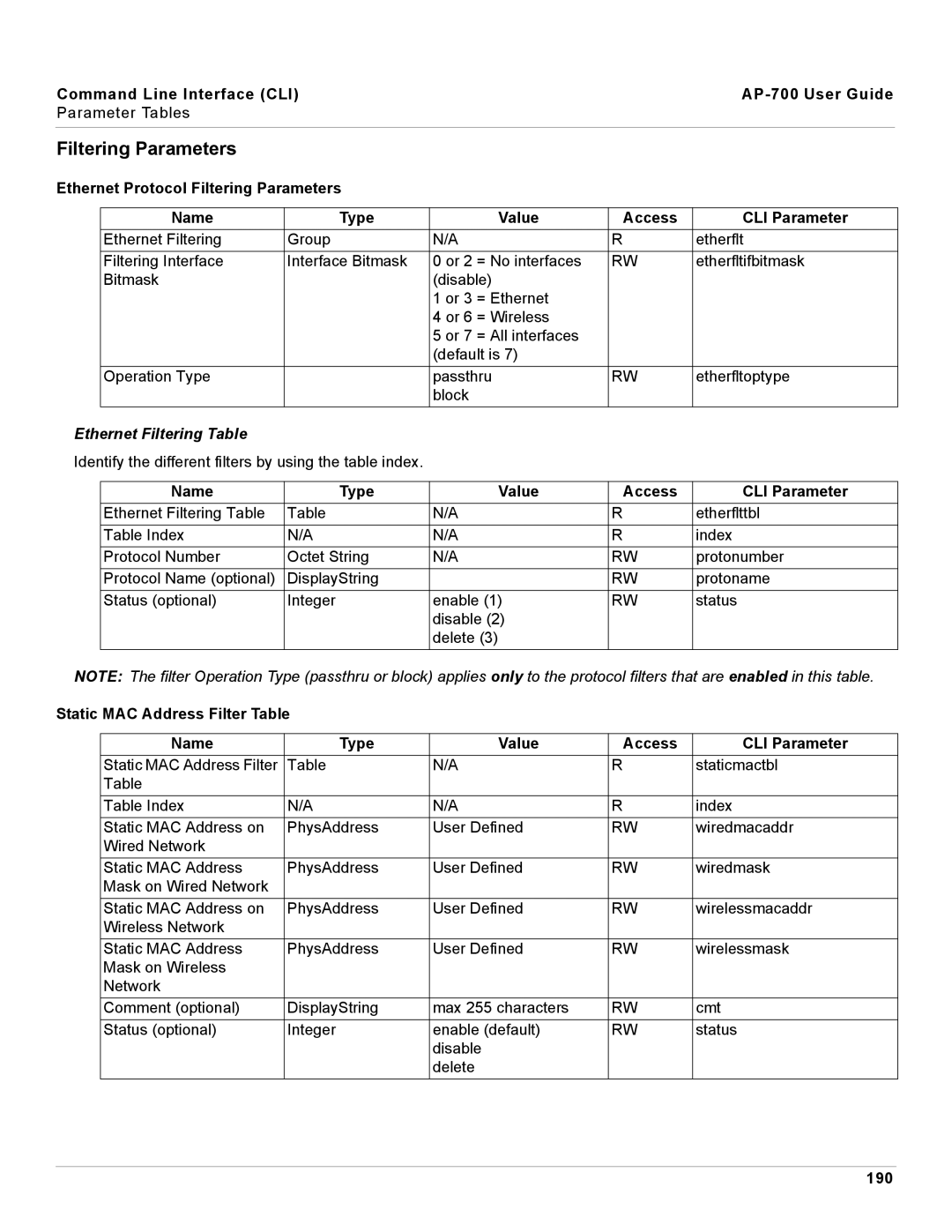 Proxim AP-700 manual Filtering Parameters, Ethernet Filtering Table, 190 