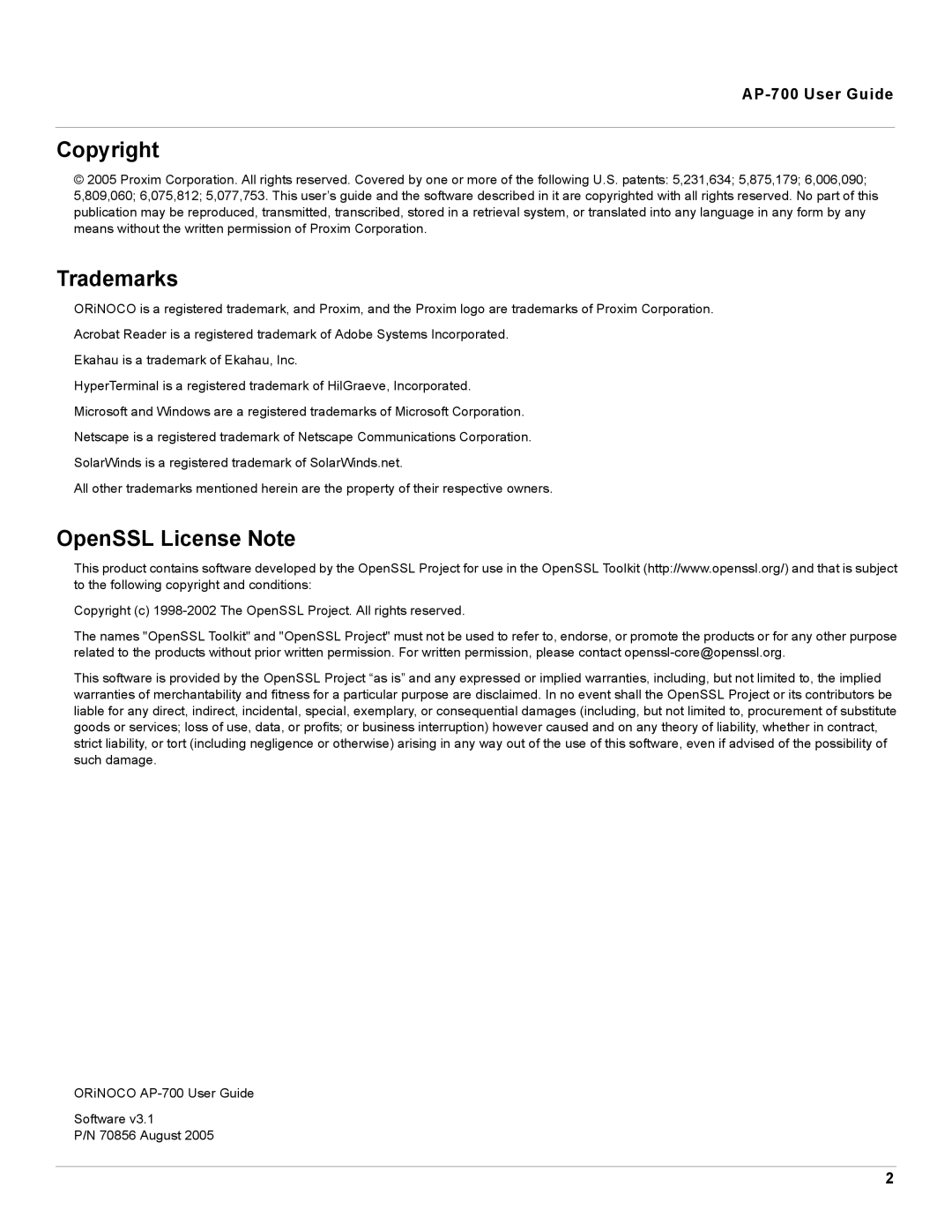 Proxim manual Copyright, Trademarks, OpenSSL License Note, AP-700 User Guide 