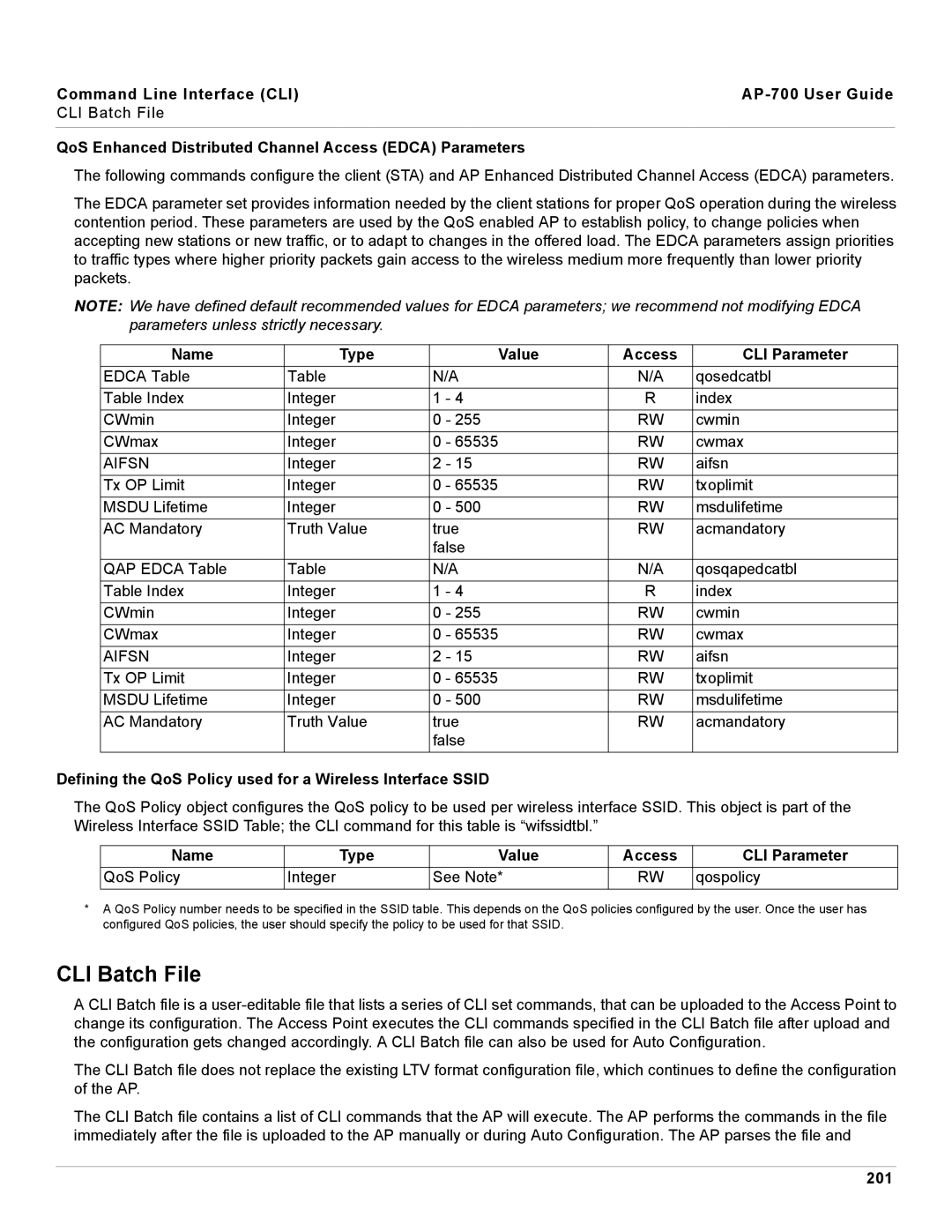 Proxim AP-700 manual CLI Batch File, Defining the QoS Policy used for a Wireless Interface Ssid, 201 