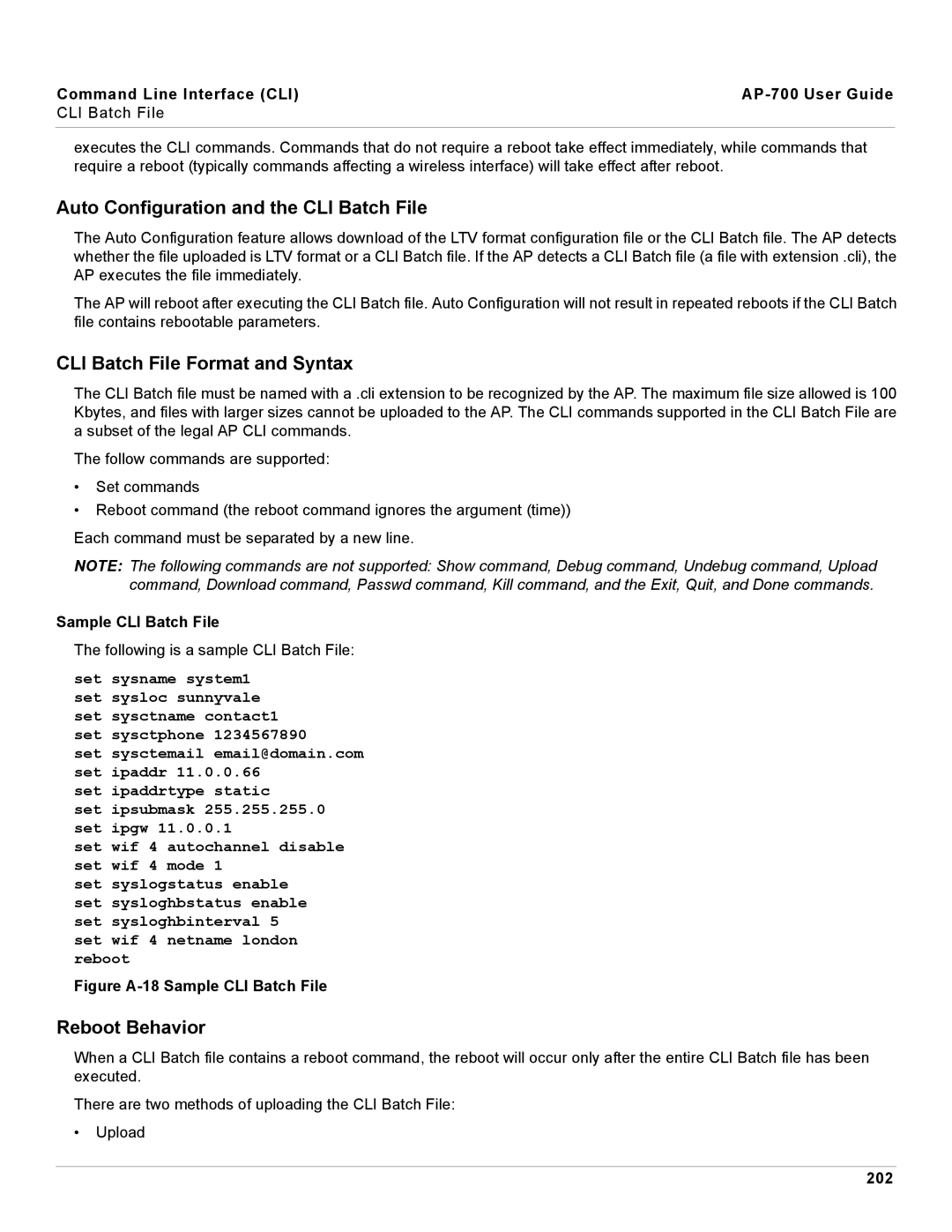 Proxim AP-700 manual Auto Configuration and the CLI Batch File, CLI Batch File Format and Syntax, Reboot Behavior 