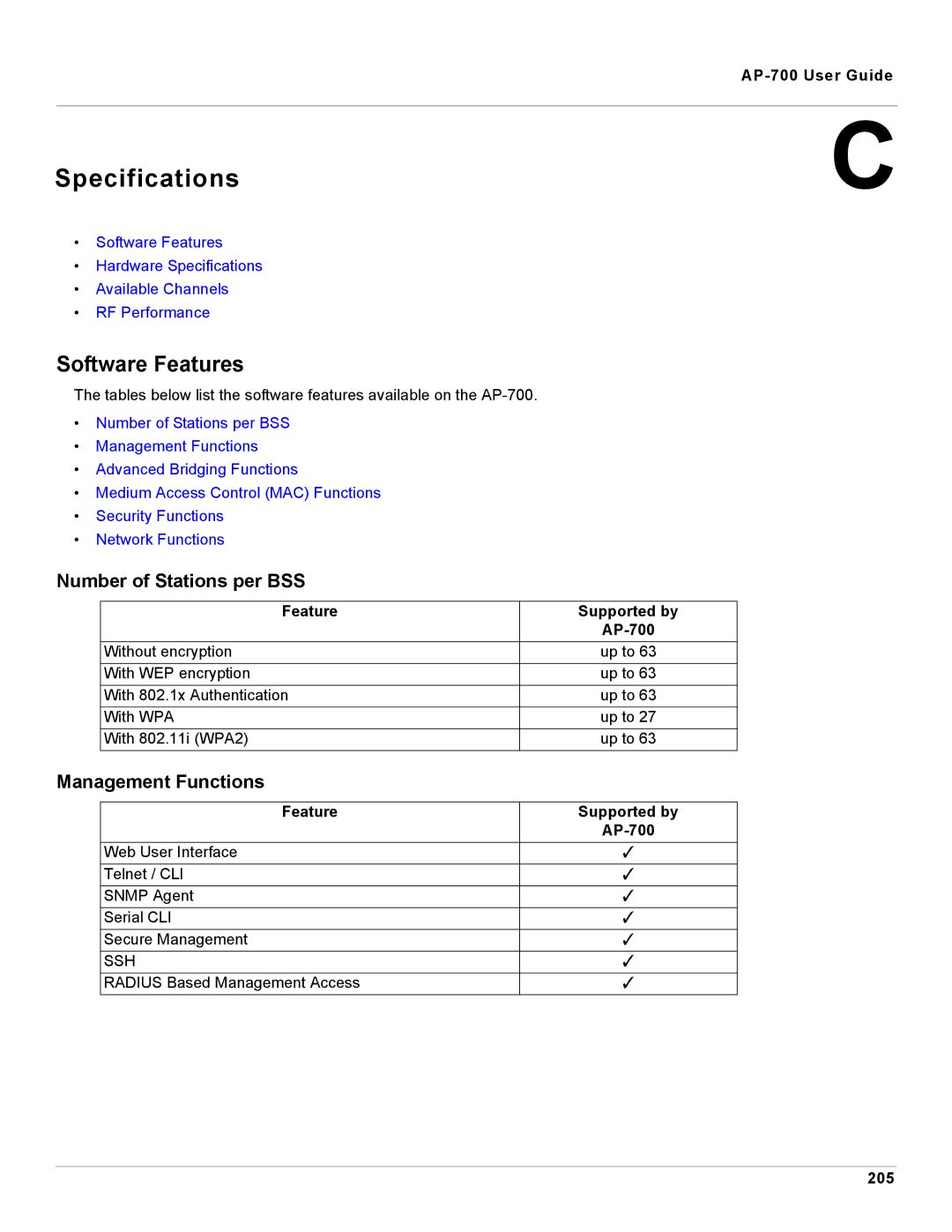 Proxim AP-700 manual Specifications, Software Features, Number of Stations per BSS, Management Functions 
