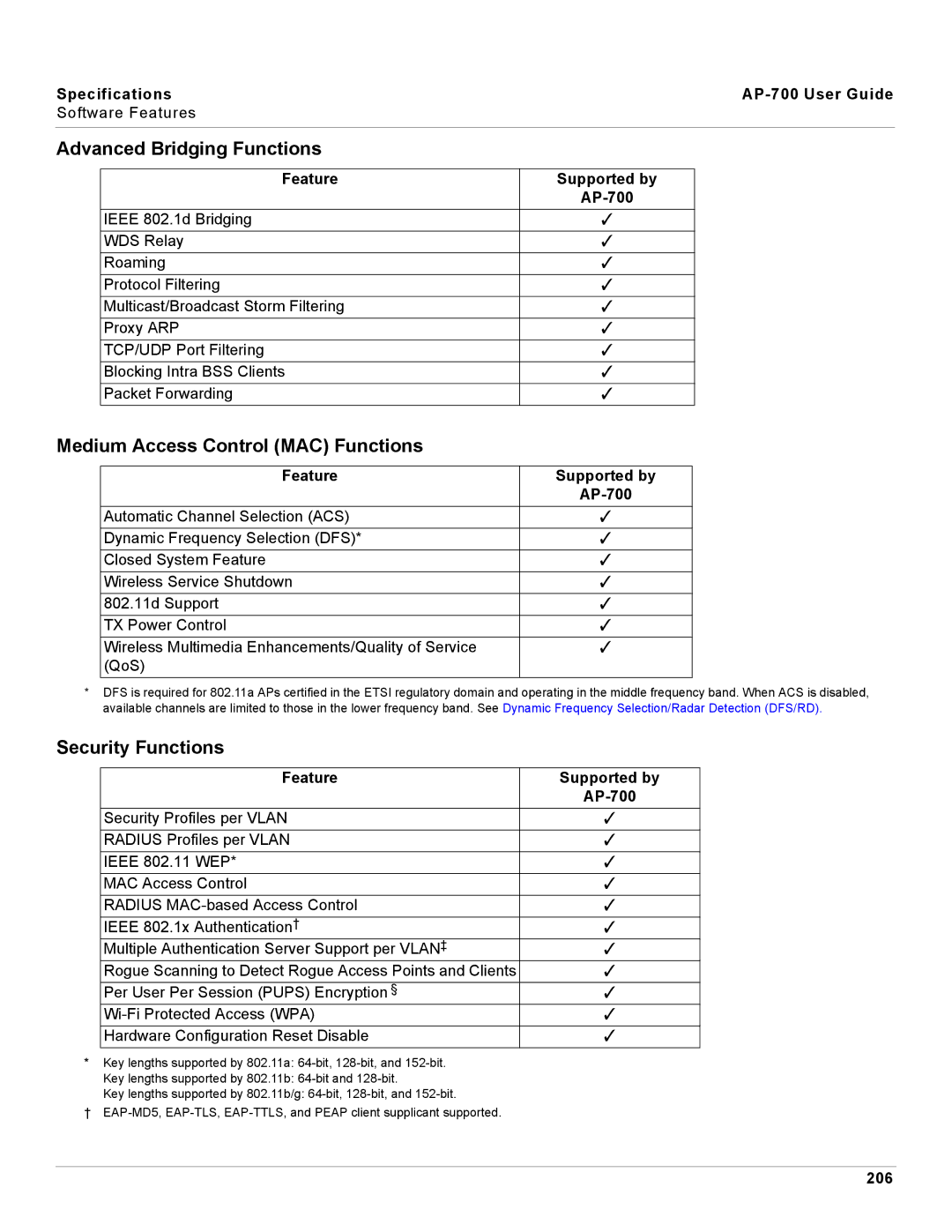 Proxim AP-700 manual Advanced Bridging Functions, Medium Access Control MAC Functions, Security Functions, 206 