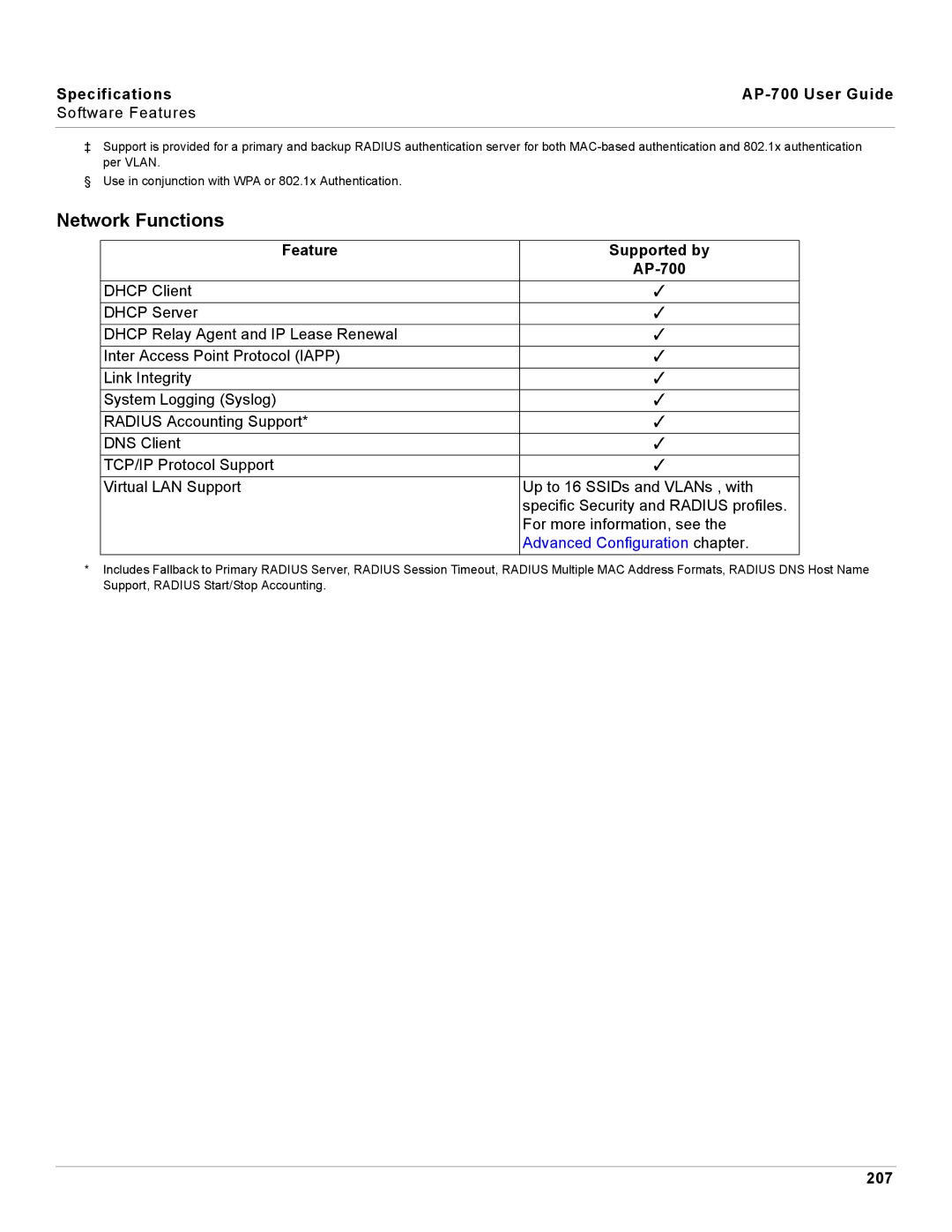 Proxim manual Network Functions, Specifications AP-700 User Guide, 207 