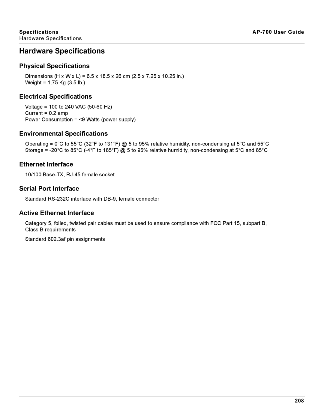 Proxim AP-700 manual Hardware Specifications 