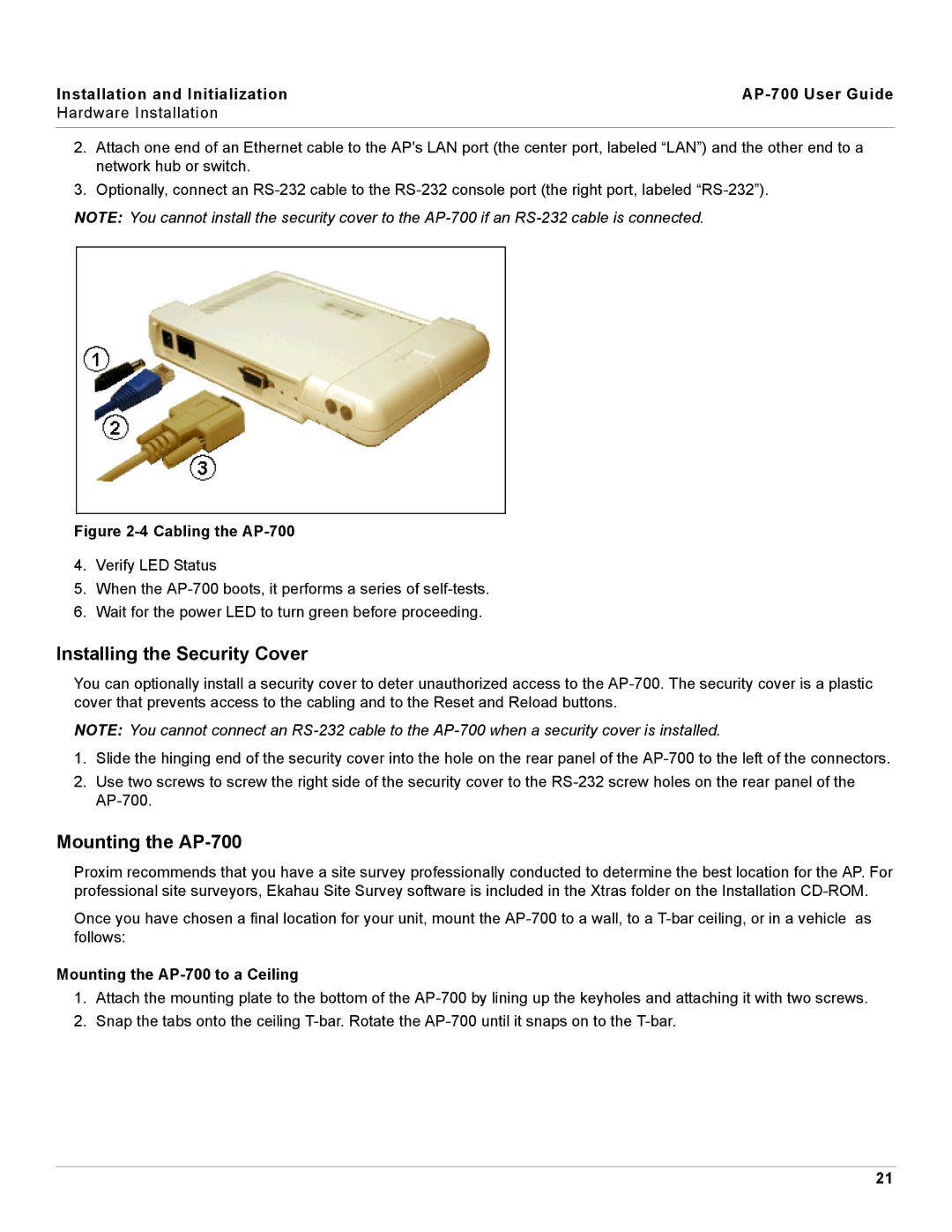 Proxim manual Installing the Security Cover, Mounting the AP-700 to a Ceiling 