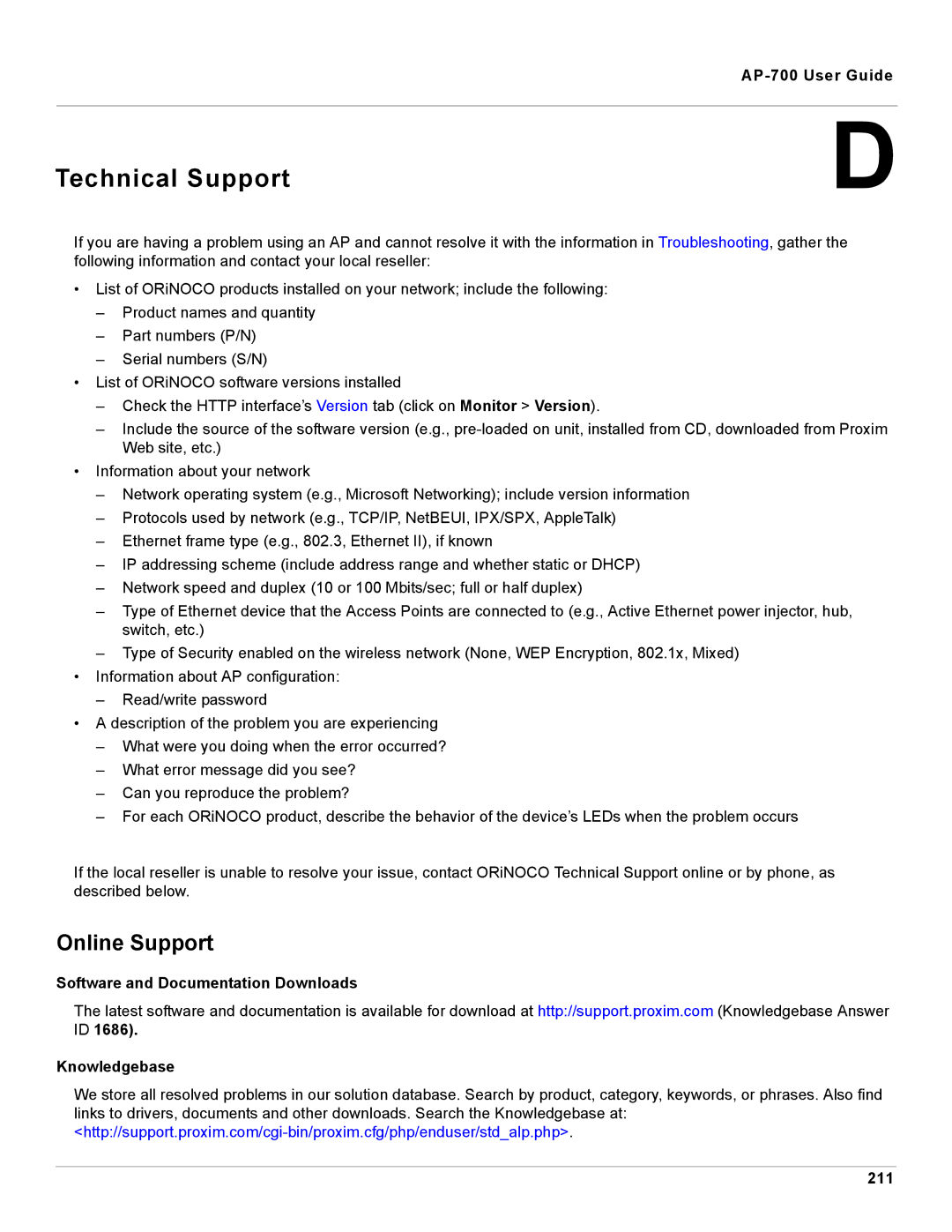 Proxim AP-700 manual Technical Support, Online Support, Software and Documentation Downloads Knowledgebase 211 