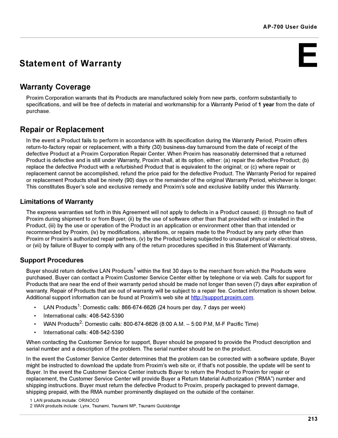 Proxim AP-700 Statement of Warranty, Warranty Coverage, Repair or Replacement, Limitations of Warranty, Support Procedures 