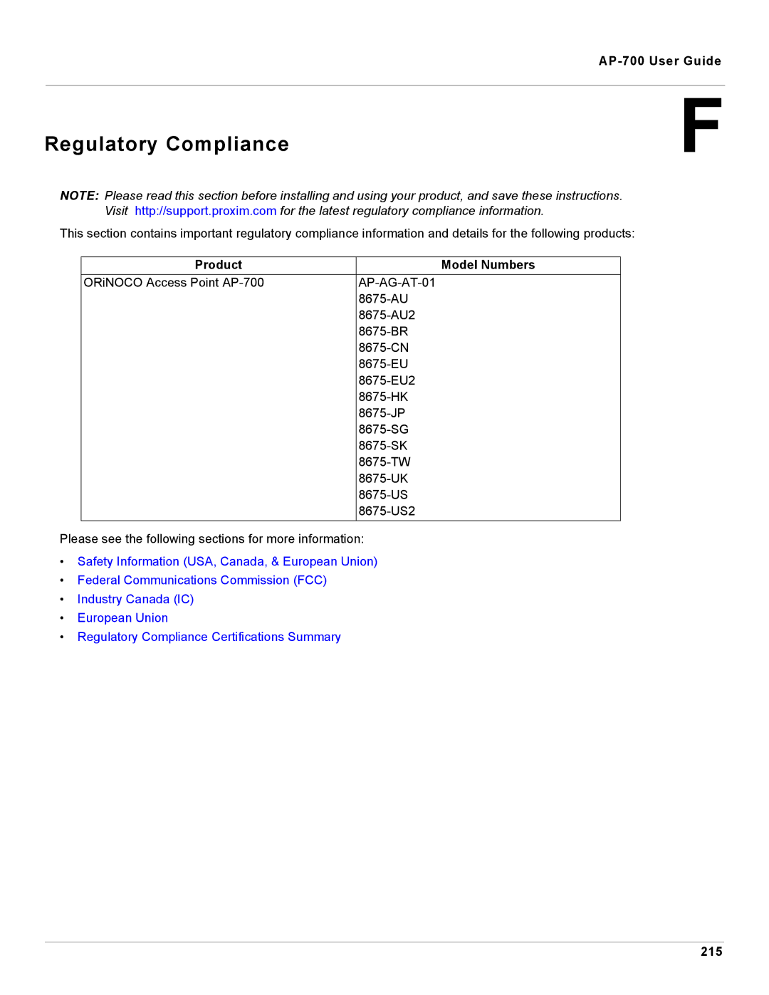 Proxim AP-700 manual Regulatory Compliance, Product Model Numbers, 215 