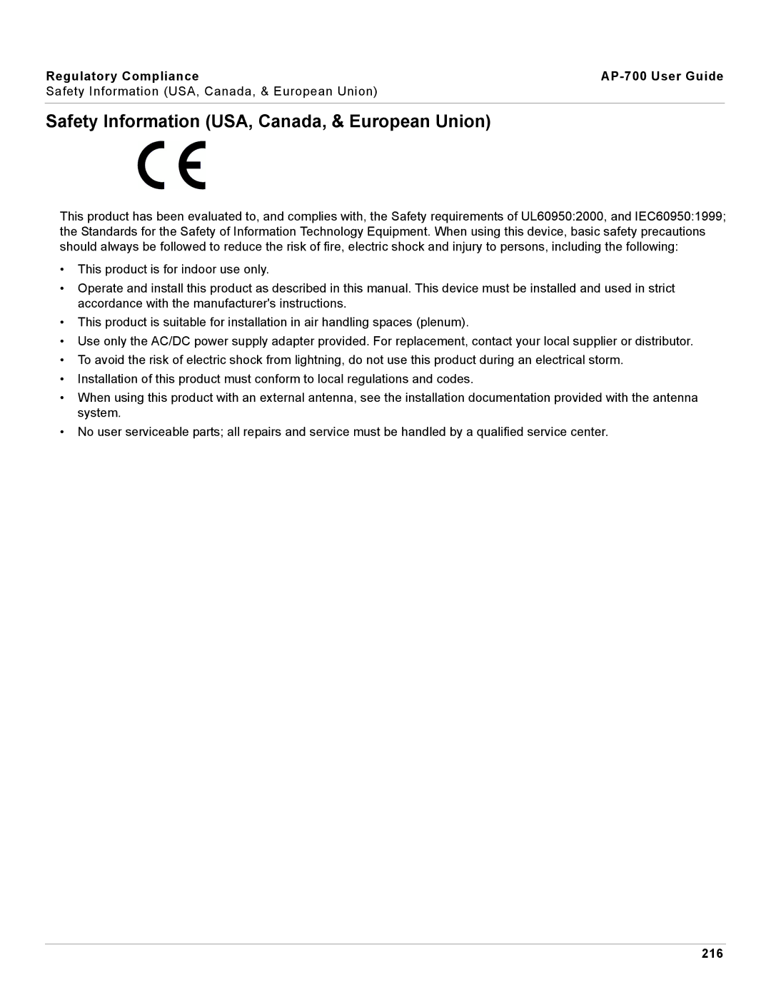 Proxim manual Safety Information USA, Canada, & European Union, Regulatory Compliance AP-700 User Guide, 216 