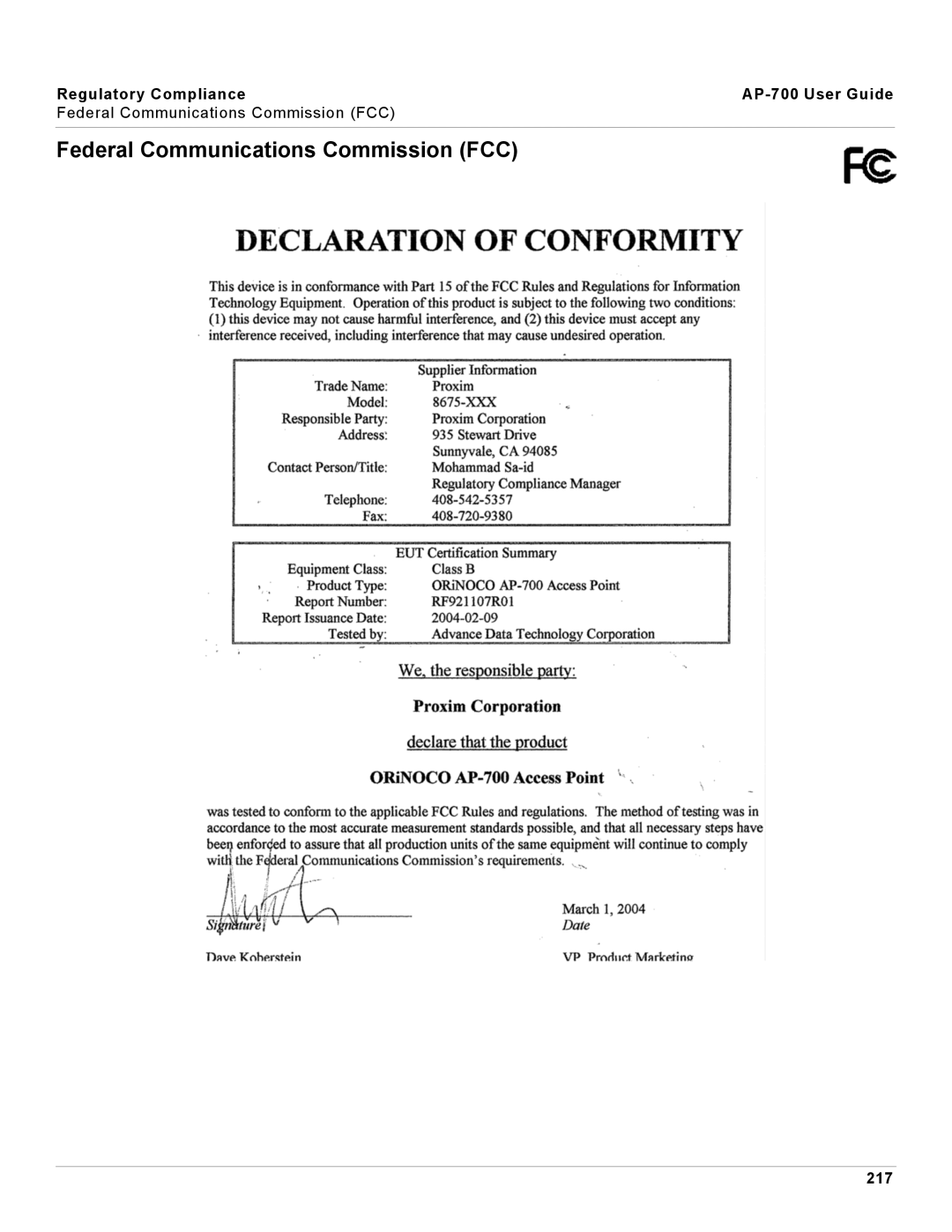 Proxim AP-700 manual Federal Communications Commission FCC, 217 