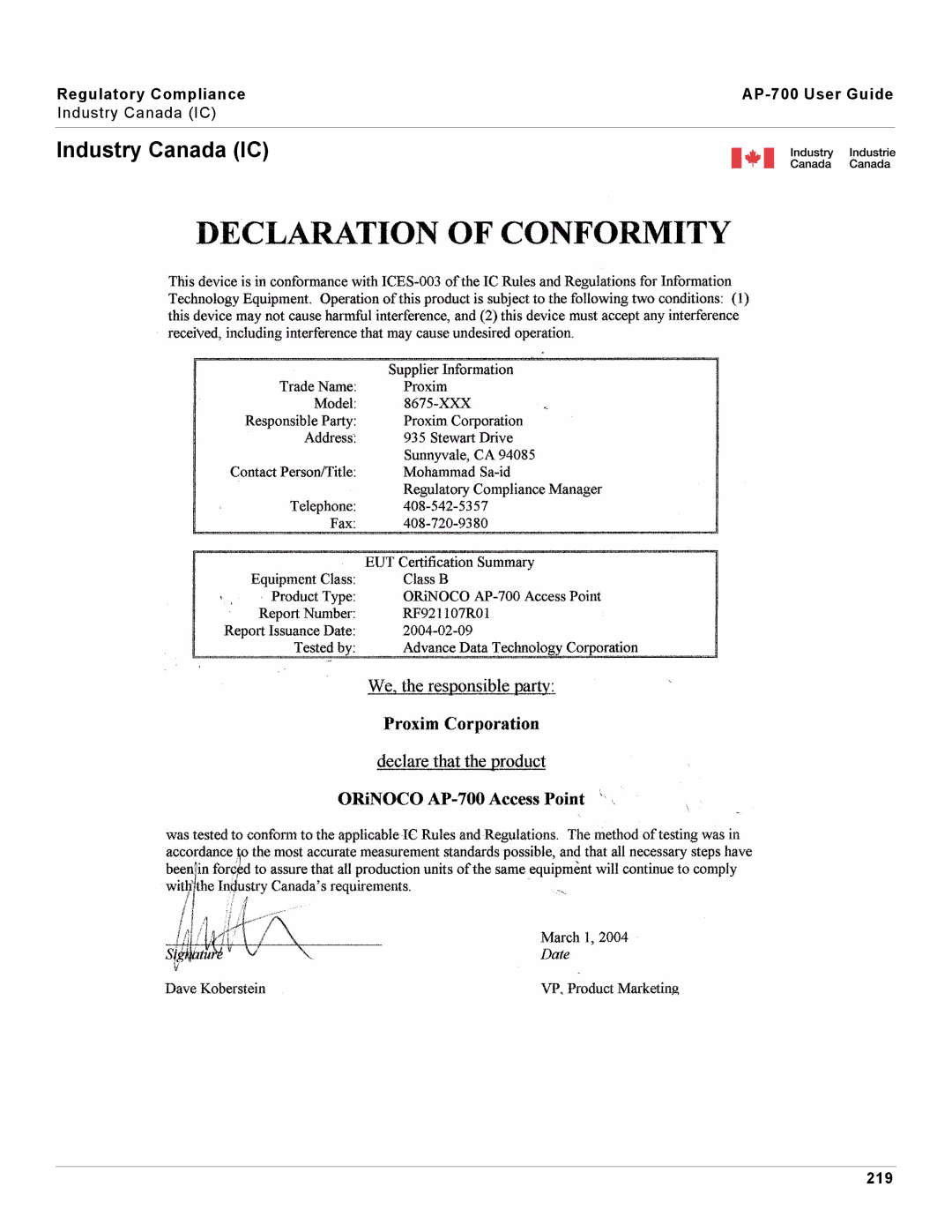 Proxim AP-700 manual Industry Canada IC, 219 