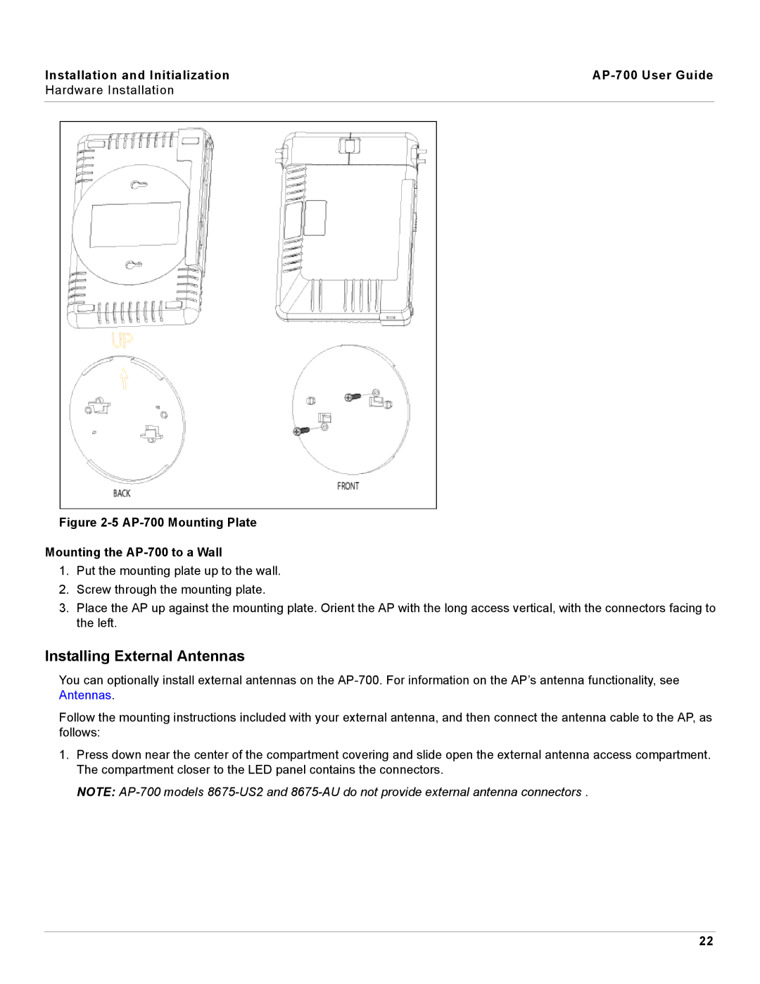 Proxim manual Installing External Antennas, AP-700 Mounting Plate Mounting the AP-700 to a Wall 