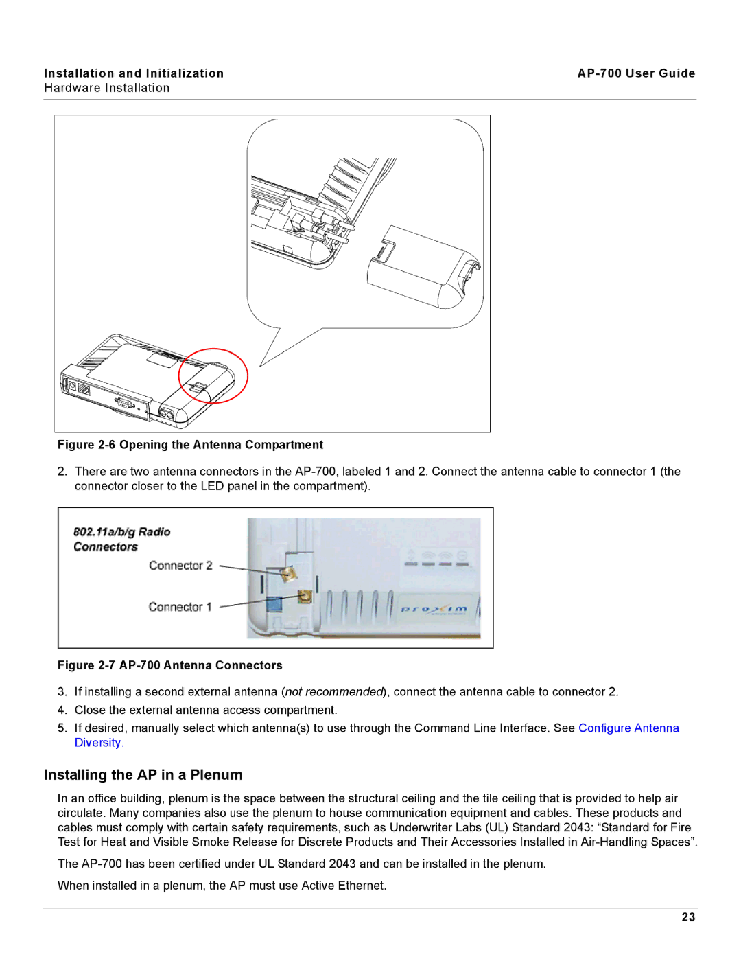 Proxim AP-700 manual Installing the AP in a Plenum, Opening the Antenna Compartment 