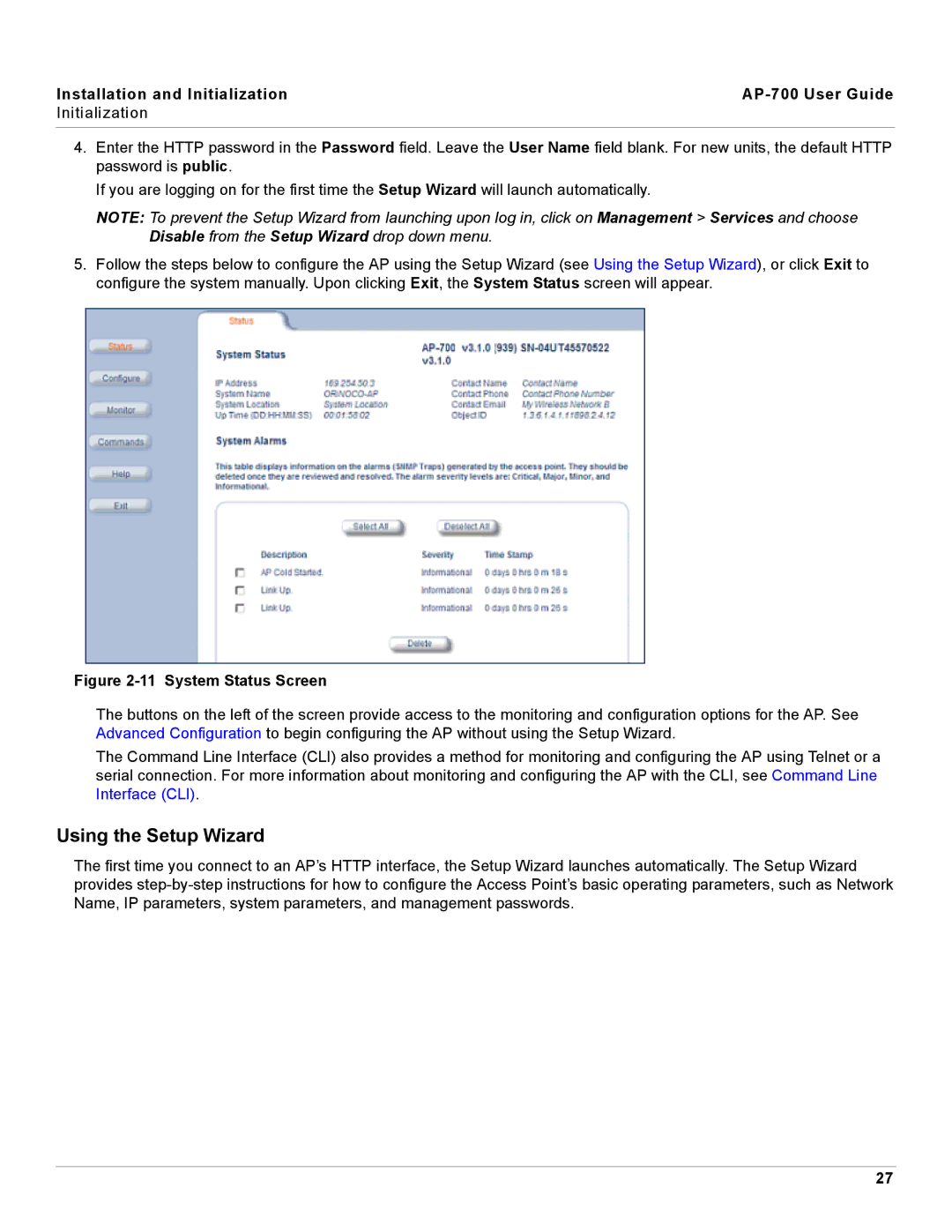 Proxim AP-700 manual Using the Setup Wizard, System Status Screen 