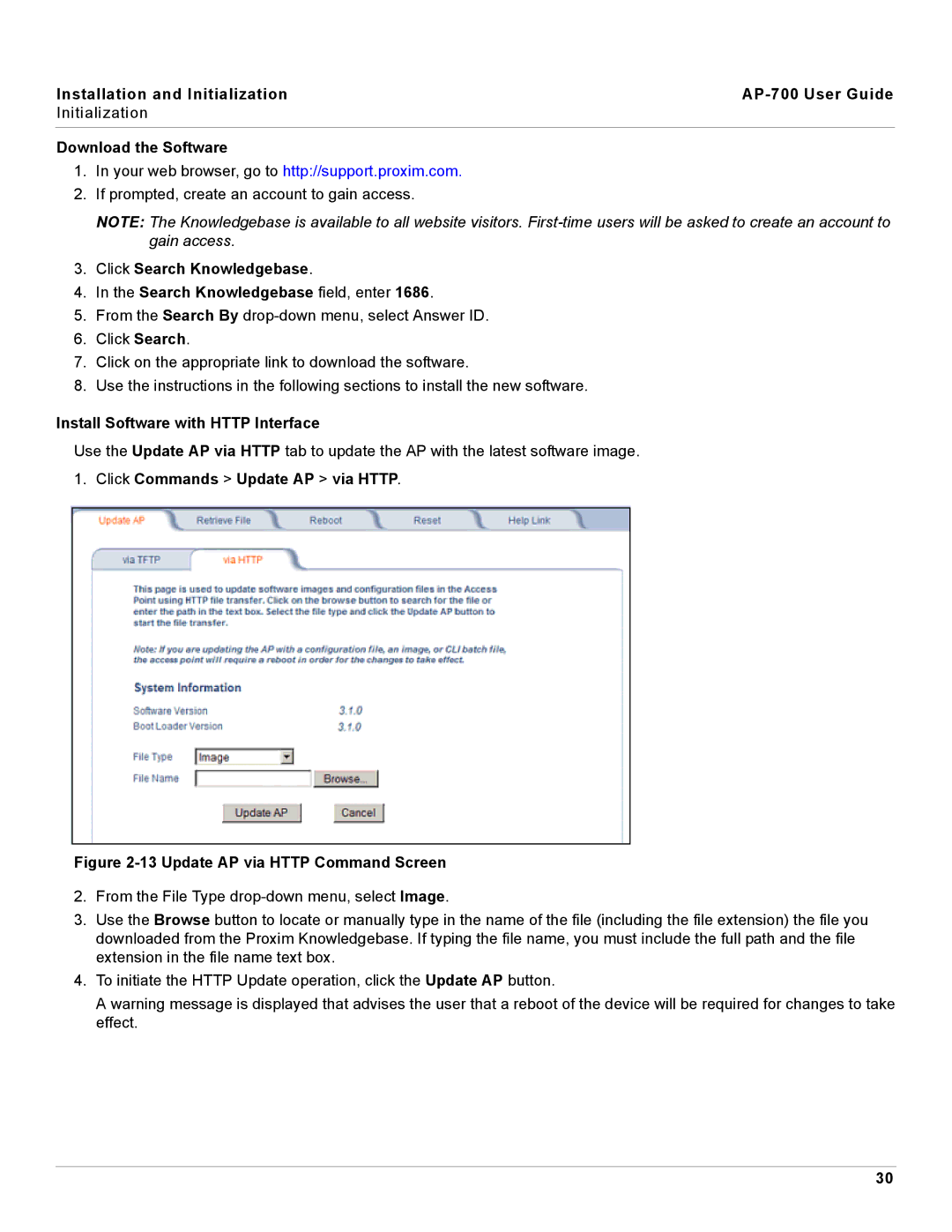 Proxim AP-700 manual Install Software with Http Interface, Click Commands Update AP via Http 