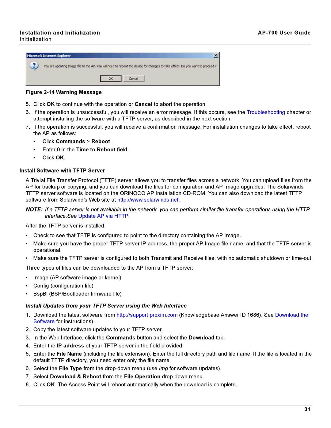 Proxim AP-700 manual Click Commands Reboot, Install Software with Tftp Server 