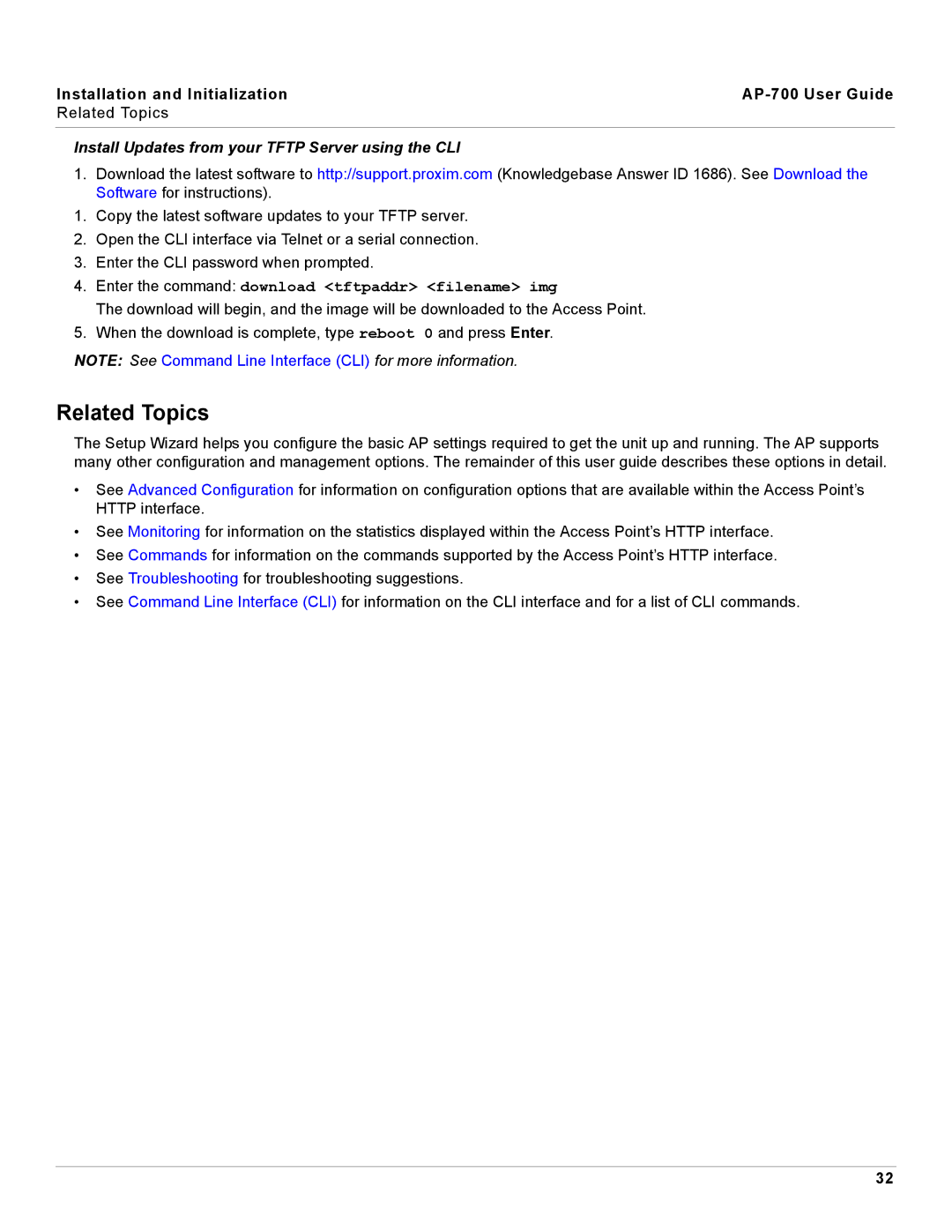 Proxim AP-700 manual Related Topics, Install Updates from your Tftp Server using the CLI 