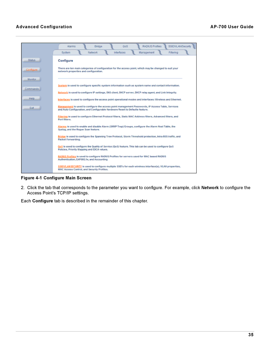 Proxim manual Advanced Configuration AP-700 User Guide, Configure Main Screen 