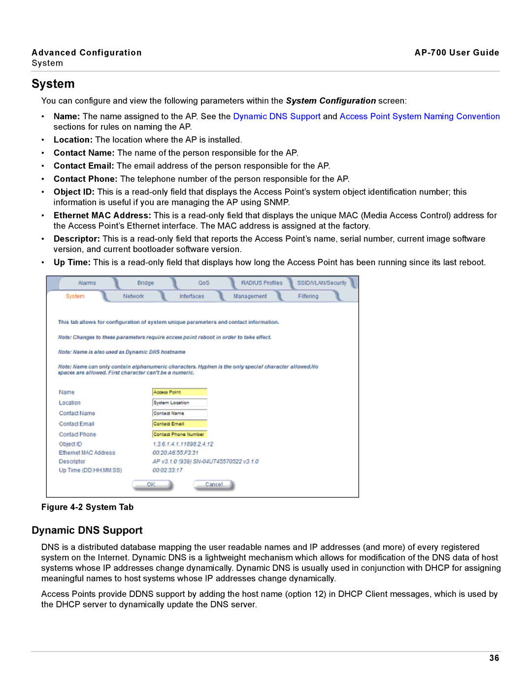 Proxim AP-700 manual System, Dynamic DNS Support 