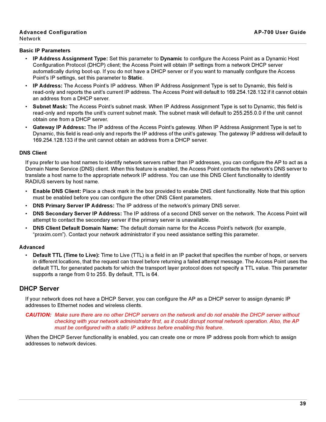 Proxim AP-700 manual Dhcp Server, DNS Client, Advanced 