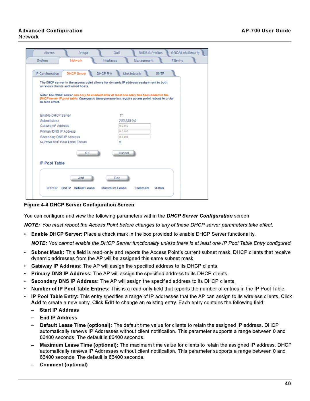 Proxim manual Advanced Configuration AP-700 User Guide Network, Start IP Address End IP Address, Comment optional 