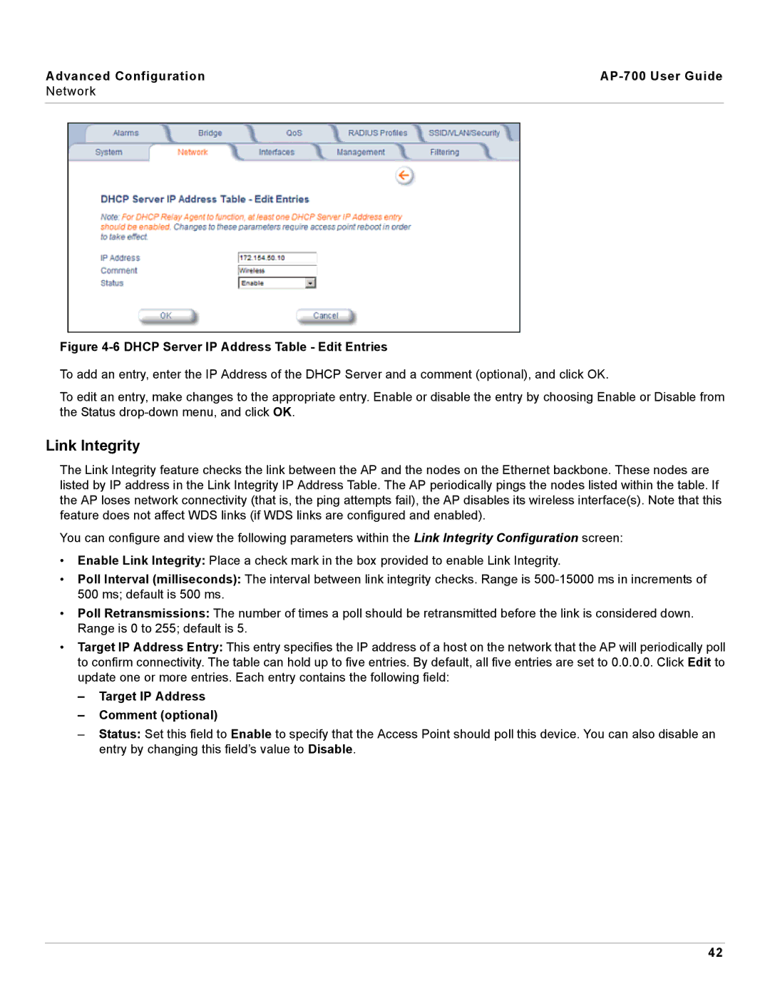 Proxim AP-700 manual Link Integrity, Target IP Address Comment optional 