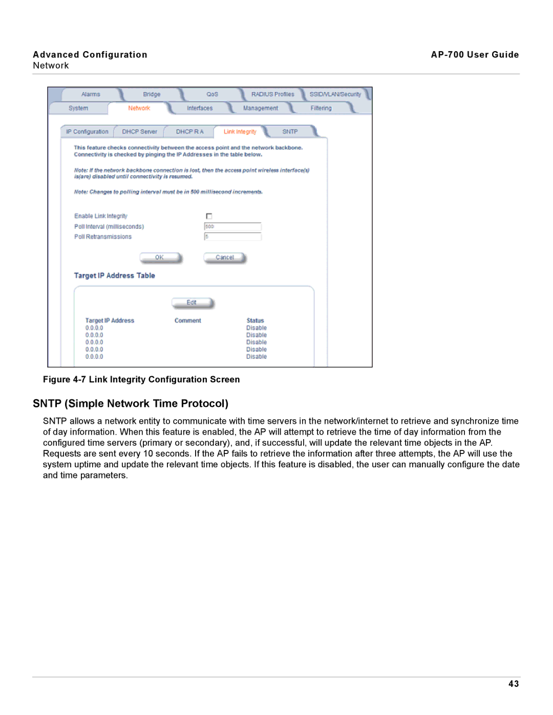 Proxim AP-700 manual Sntp Simple Network Time Protocol, Link Integrity Configuration Screen 