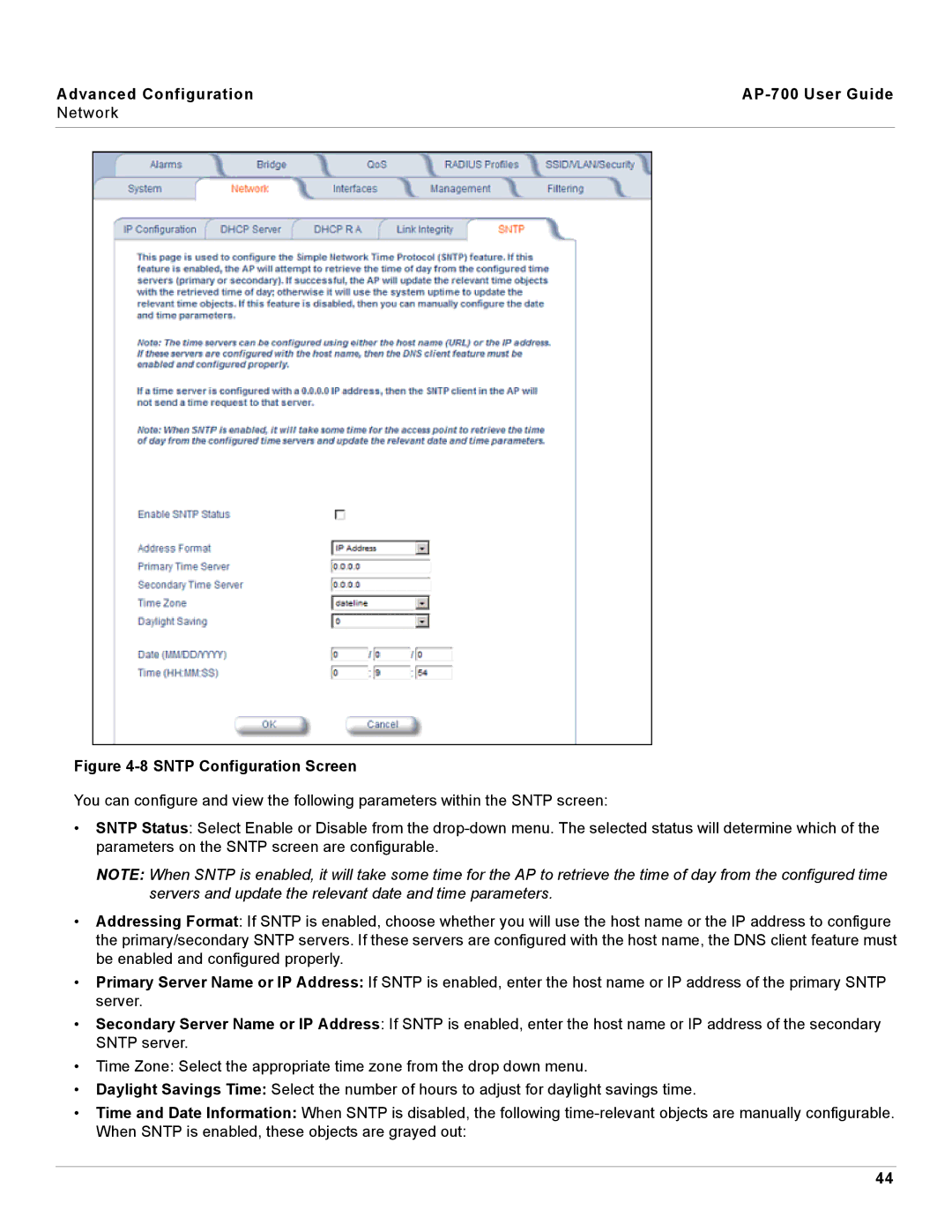 Proxim AP-700 manual Sntp Configuration Screen 