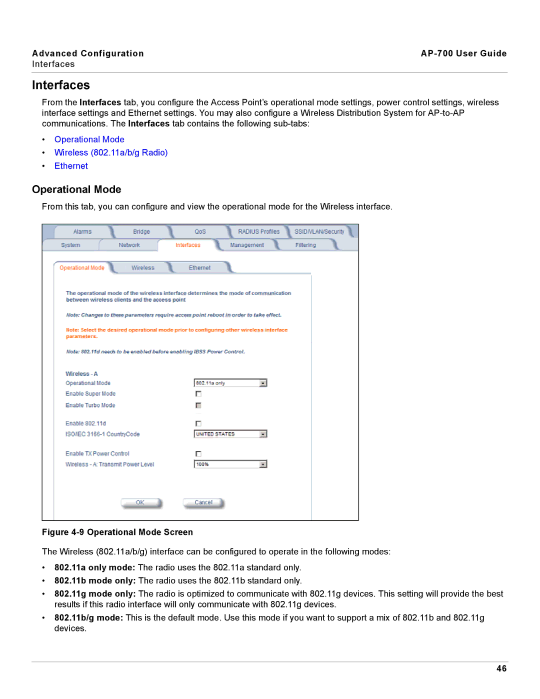 Proxim AP-700 manual Interfaces, Operational Mode 