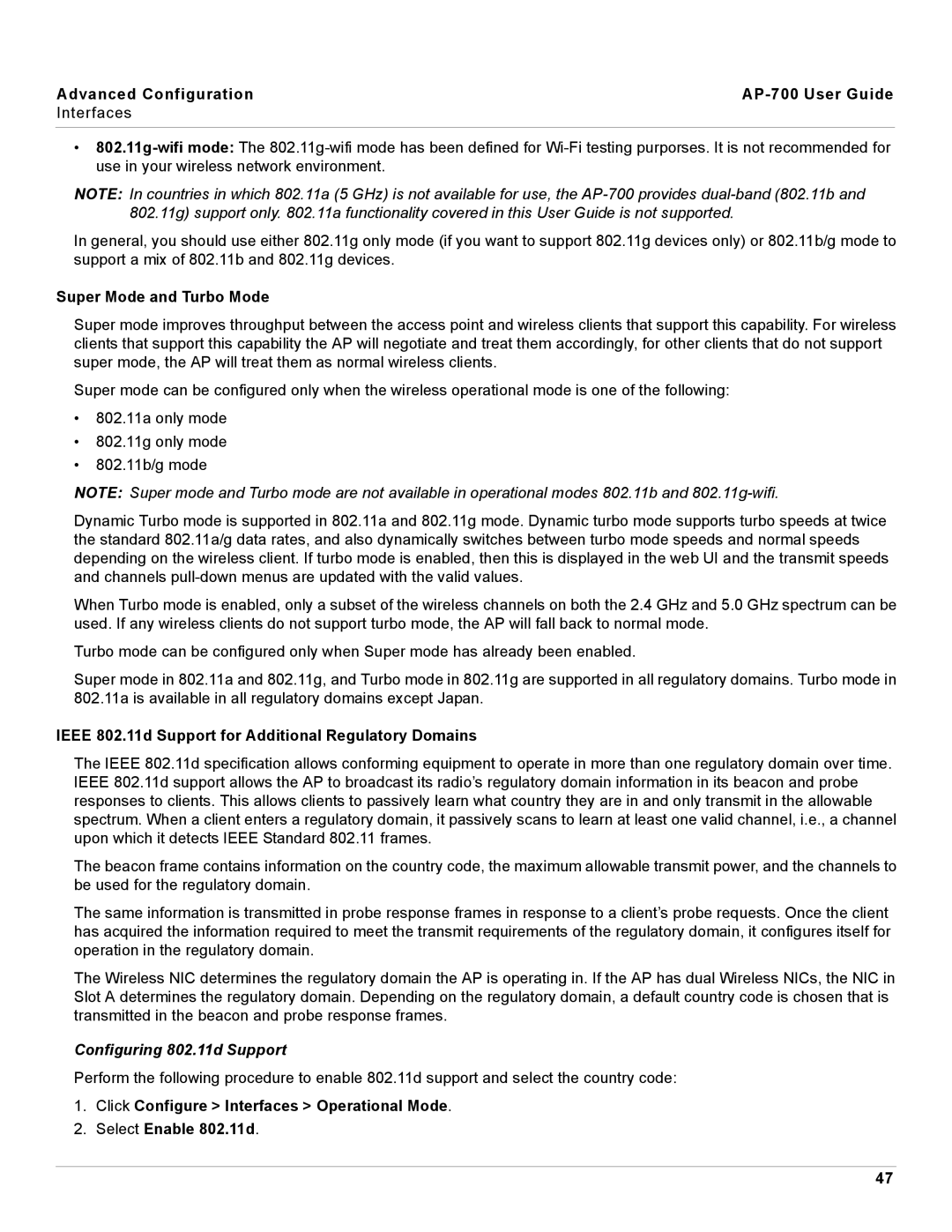 Proxim Advanced Configuration AP-700 User Guide Interfaces, Super Mode and Turbo Mode, Configuring 802.11d Support 