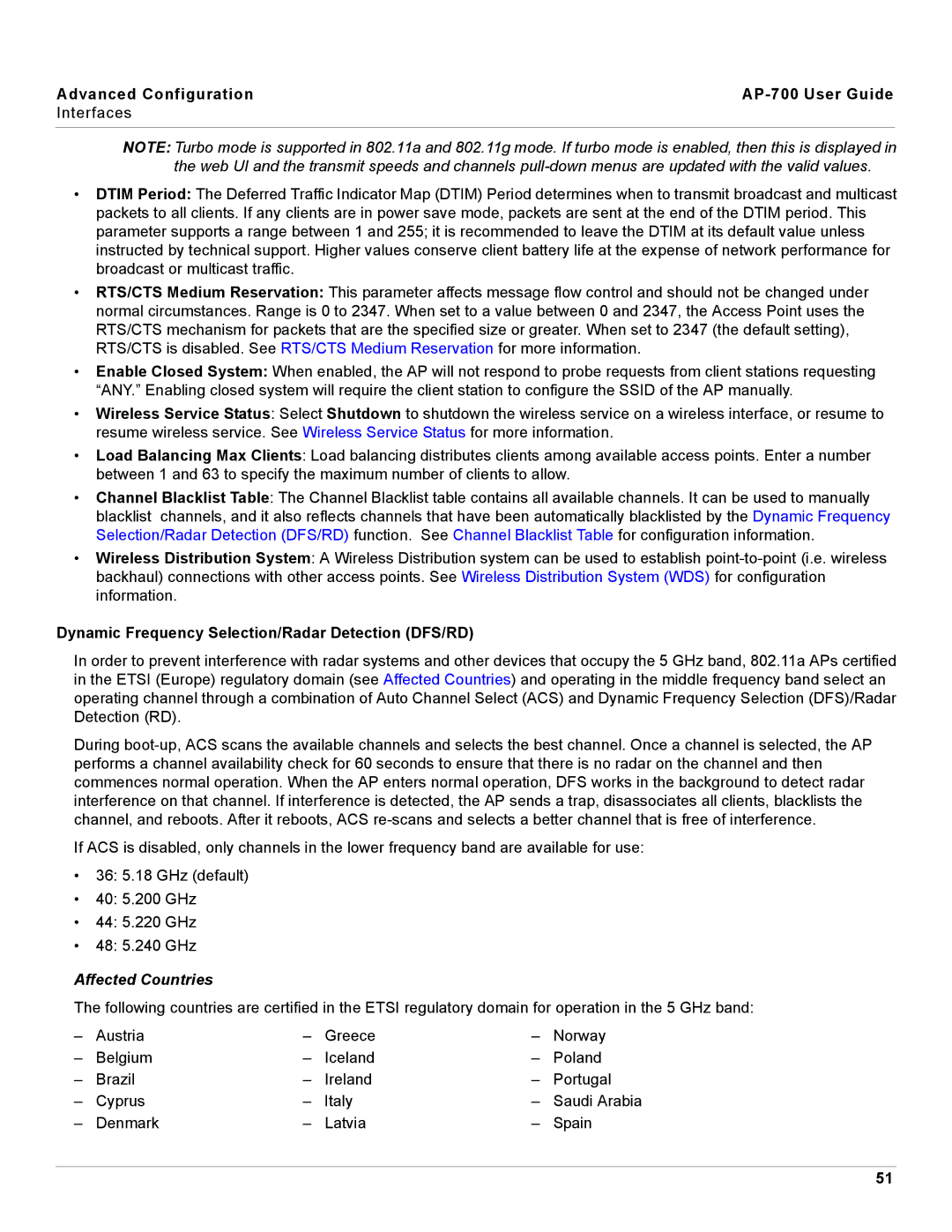 Proxim AP-700 manual Dynamic Frequency Selection/Radar Detection DFS/RD, Affected Countries 