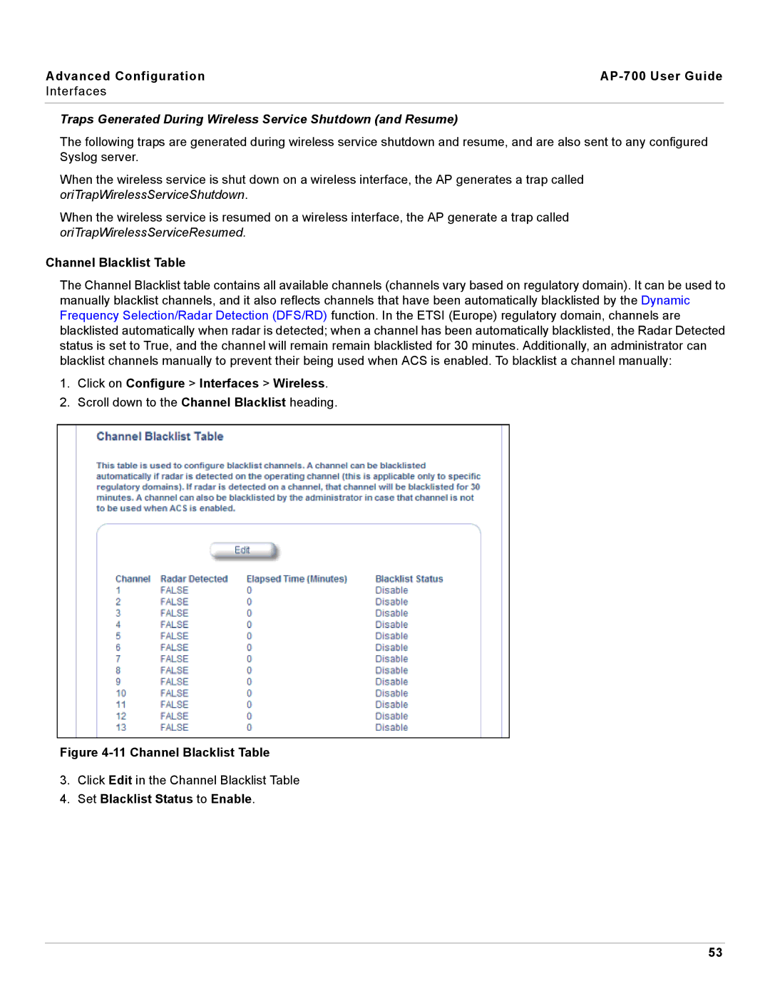 Proxim AP-700 manual Traps Generated During Wireless Service Shutdown and Resume, Channel Blacklist Table 