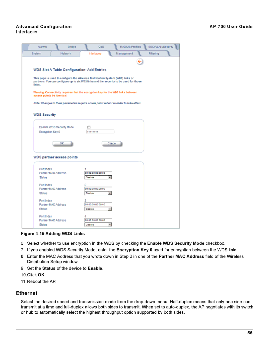 Proxim AP-700 manual Ethernet, Adding WDS Links 