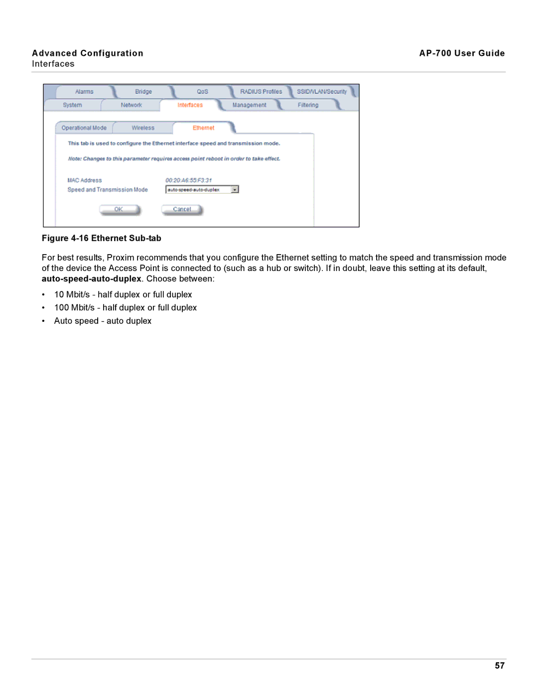 Proxim AP-700 manual Ethernet Sub-tab 