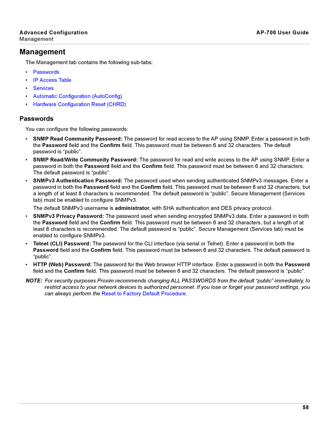 Proxim AP-700 manual Management, Passwords 