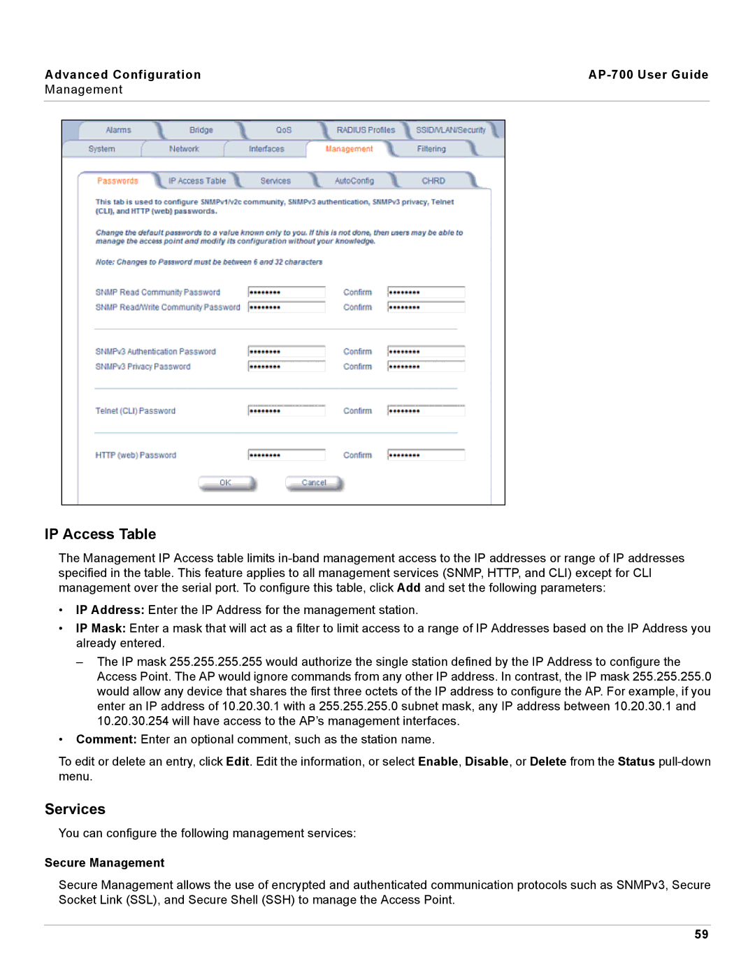 Proxim AP-700 manual IP Access Table, Services, Secure Management 