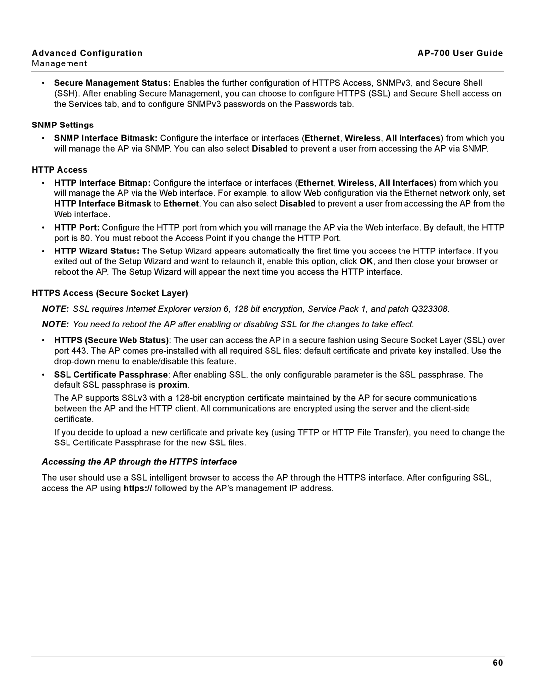 Proxim manual Advanced Configuration AP-700 User Guide Management, Snmp Settings, Http Access 